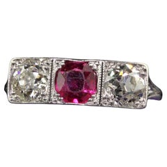 Antique Edwardian Platinum Old Mine Ruby and Diamond Three Stone Ring