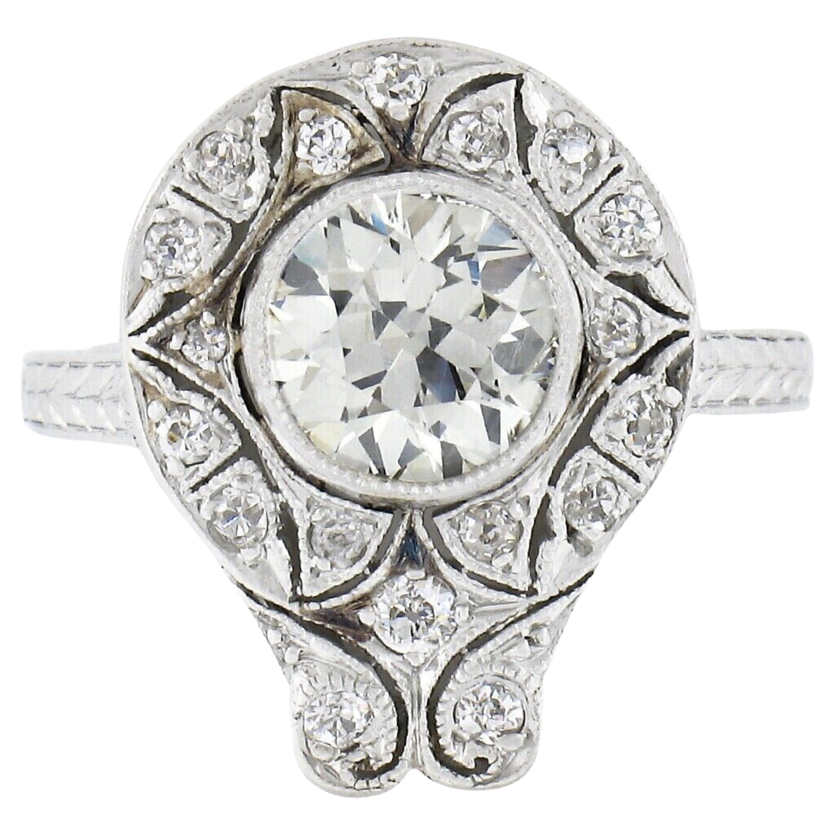 Antique Edwardian Platinum Old Cut Bezel Diamond Mosaic Milgrain Engagement Ring For Sale