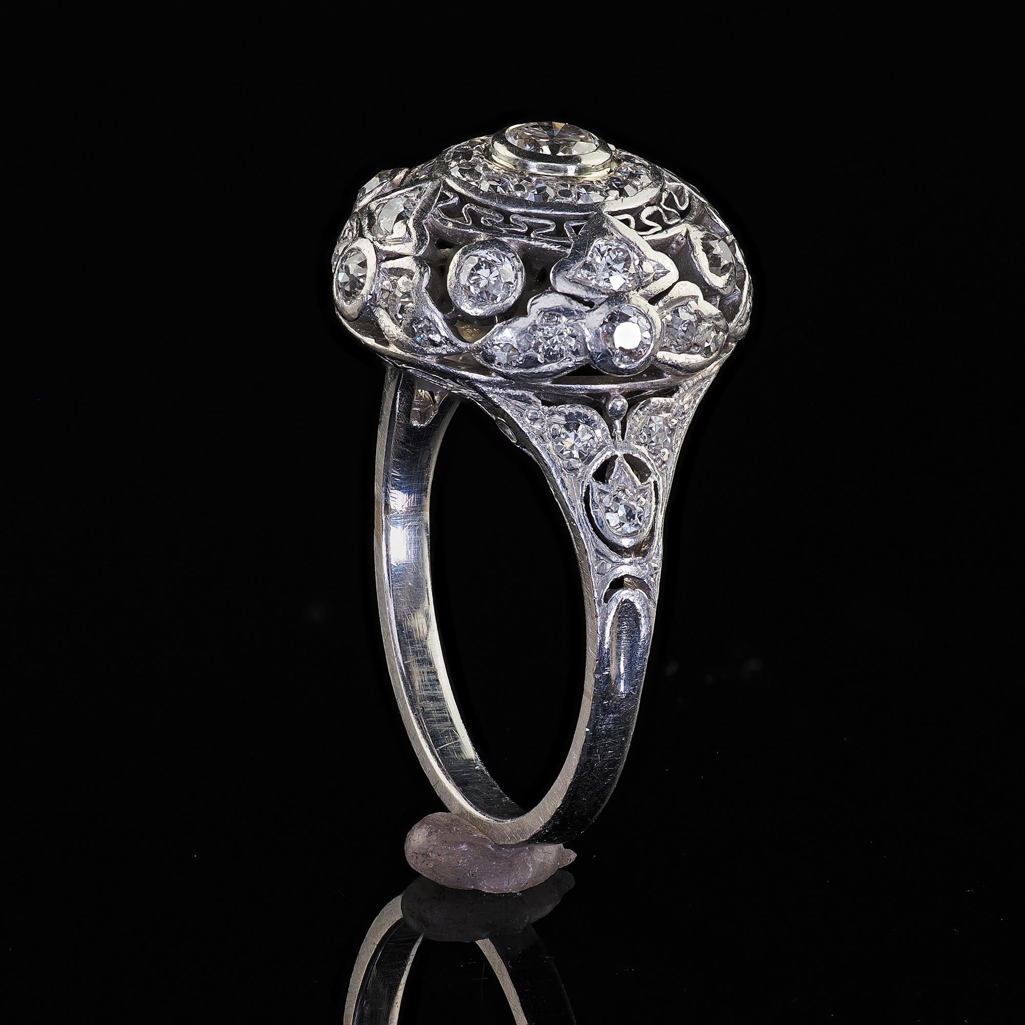 Antique Edwardian Platinum Old Cut Diamond Filigree Dome Cocktail Ring For Sale 4