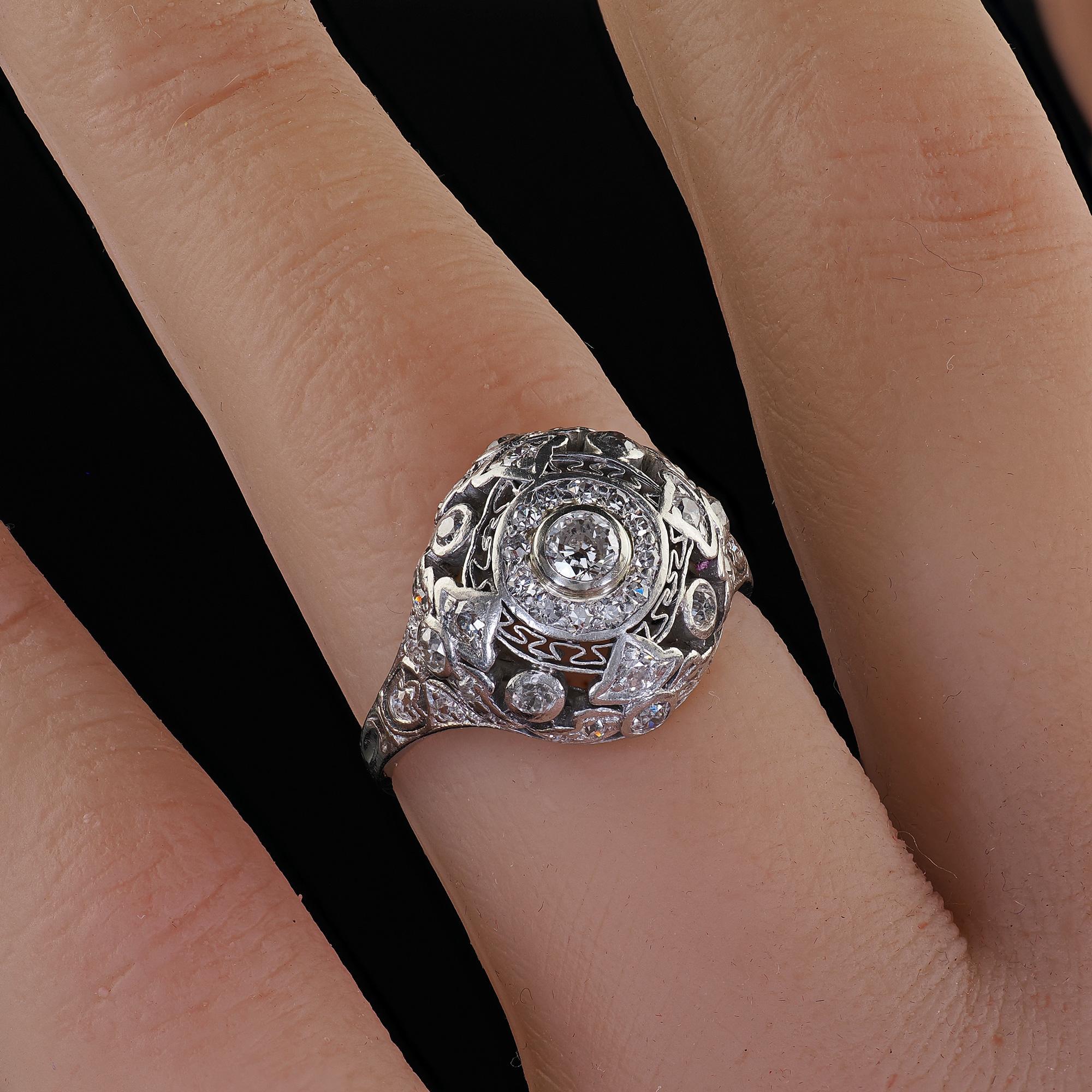 Antique Edwardian Platinum Old Cut Diamond Filigree Dome Cocktail Ring For Sale 5