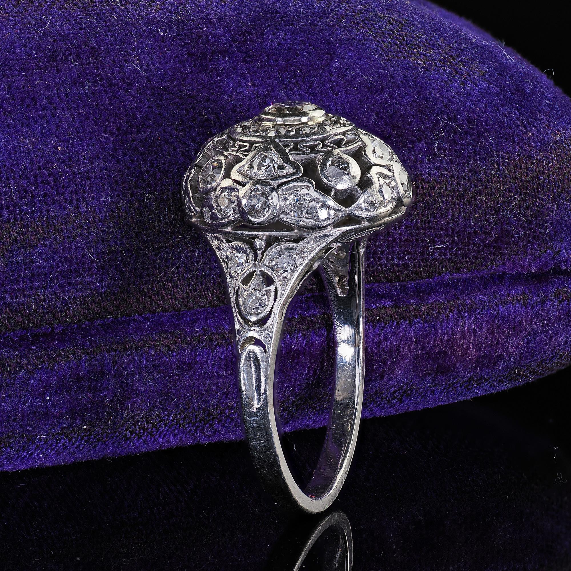 Art Deco Antique Edwardian Platinum Old Cut Diamond Filigree Dome Cocktail Ring For Sale