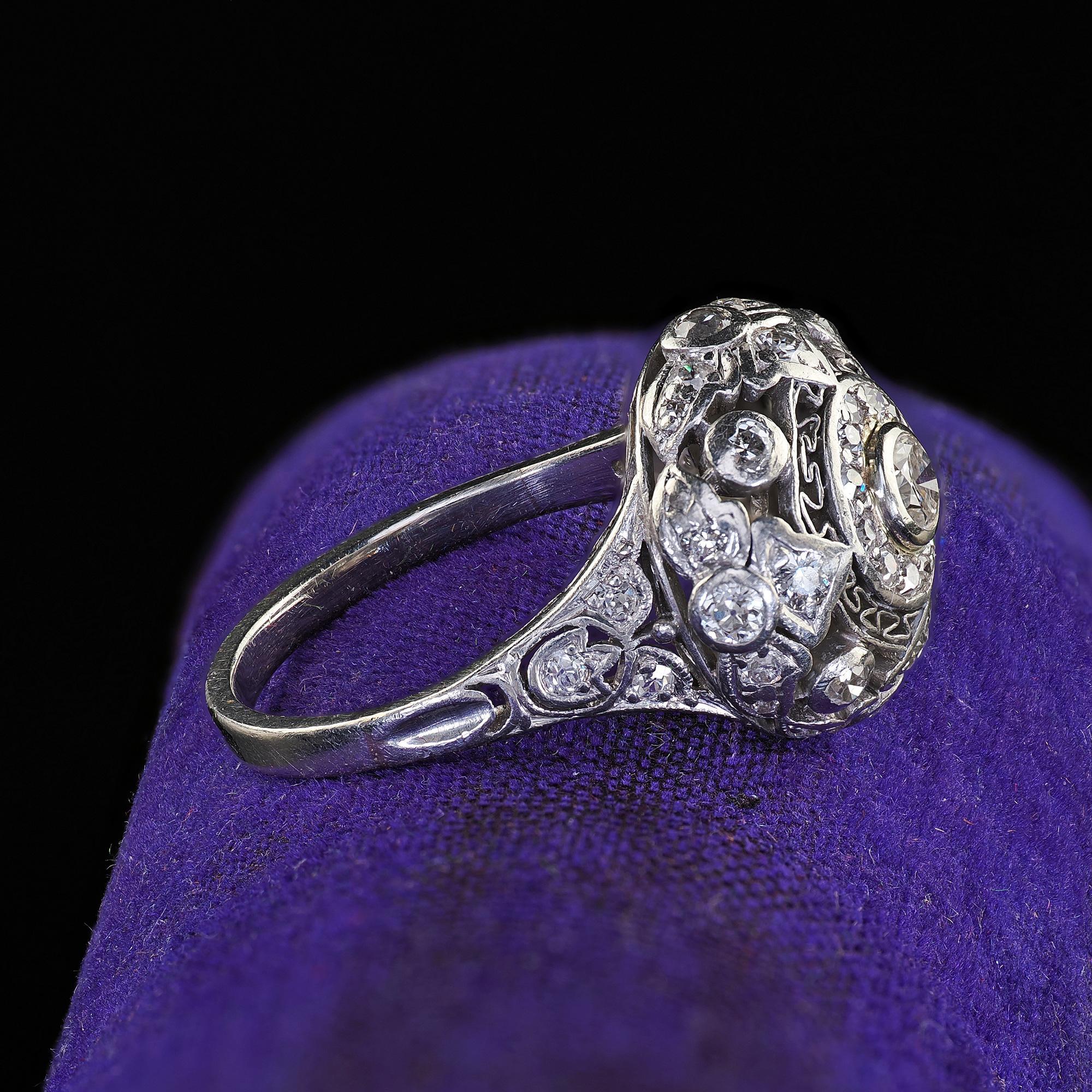 Old European Cut Antique Edwardian Platinum Old Cut Diamond Filigree Dome Cocktail Ring For Sale