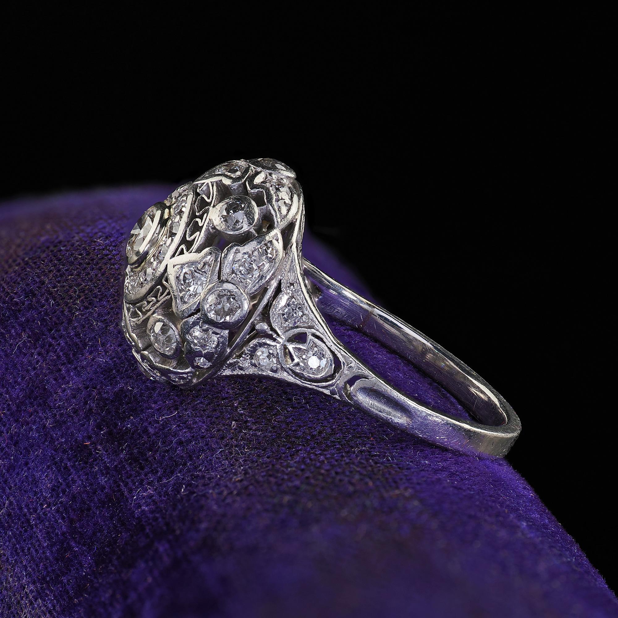 Antique Edwardian Platinum Old Cut Diamond Filigree Dome Cocktail Ring In Good Condition For Sale In Great Neck, NY