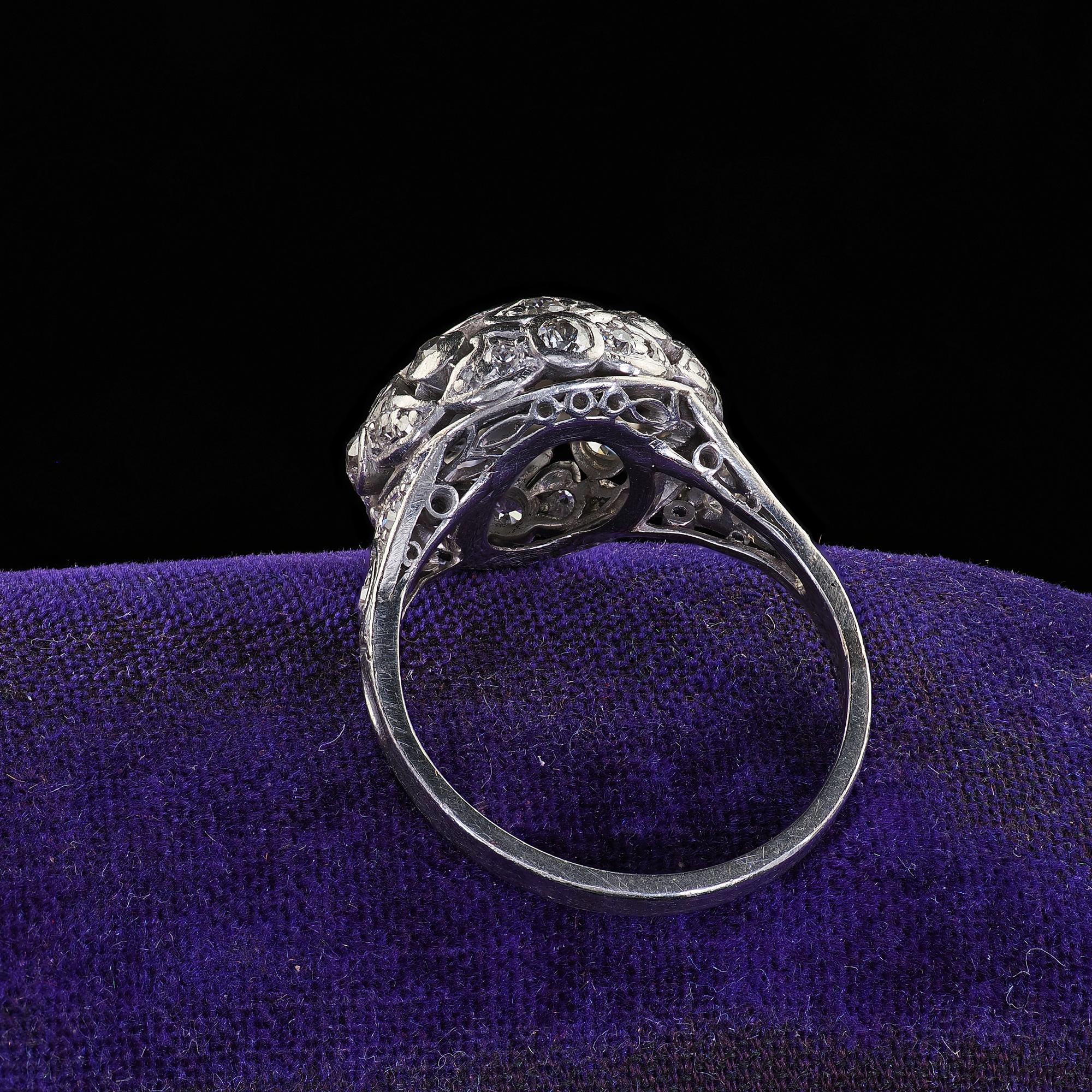 Women's Antique Edwardian Platinum Old Cut Diamond Filigree Dome Cocktail Ring For Sale