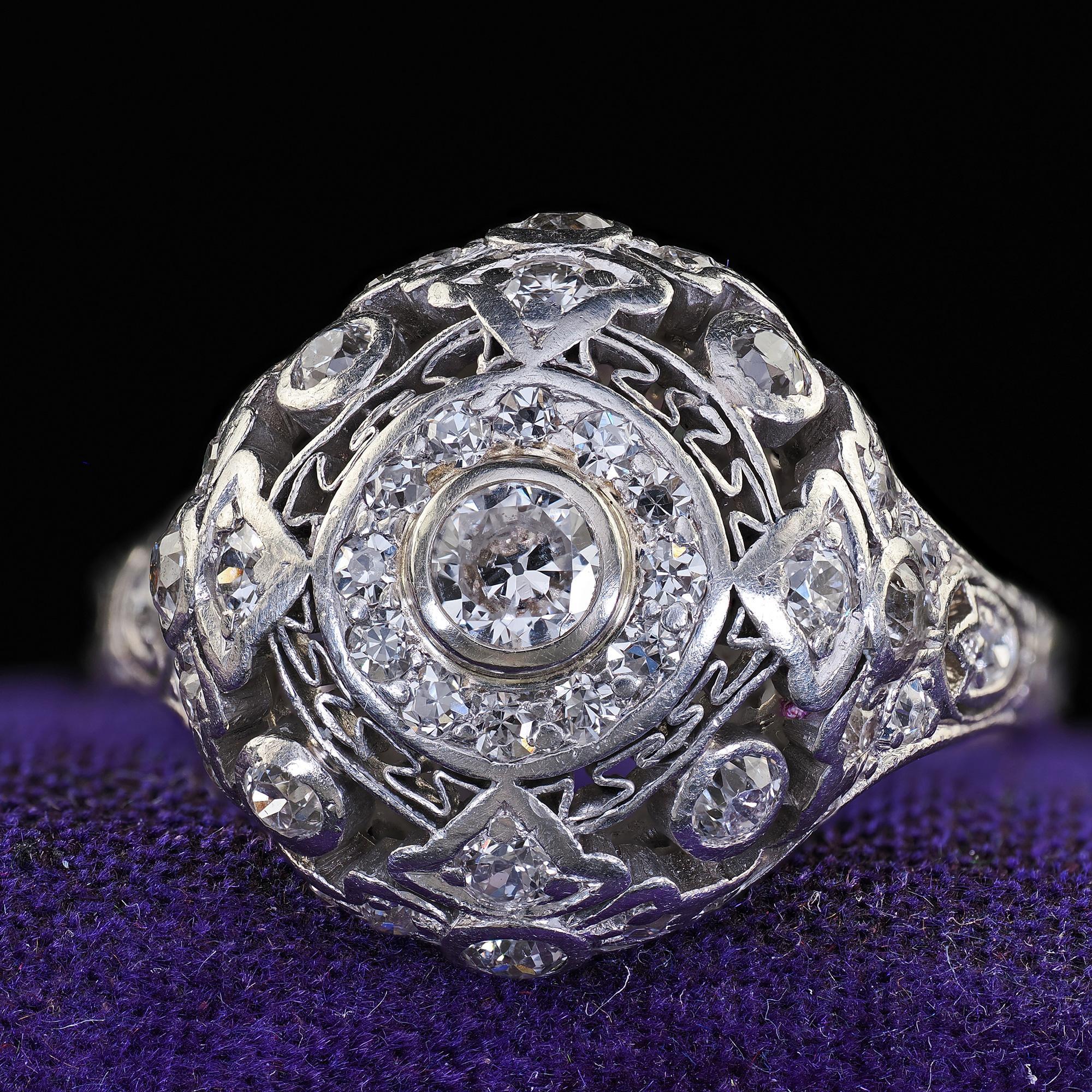 Antique Edwardian Platinum Old Cut Diamond Filigree Dome Cocktail Ring For Sale 1