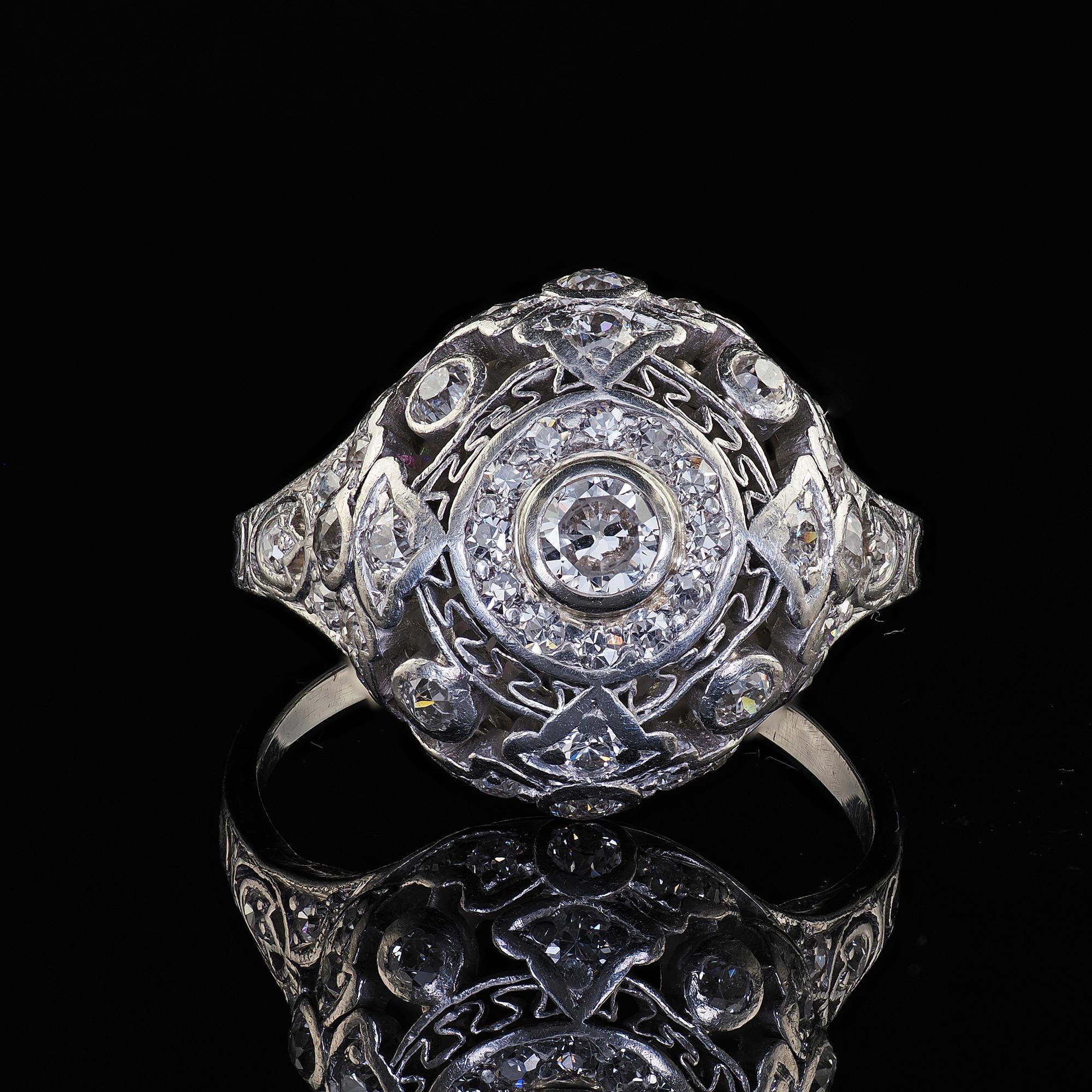 Antique Edwardian Platinum Old Cut Diamond Filigree Dome Cocktail Ring For Sale 2