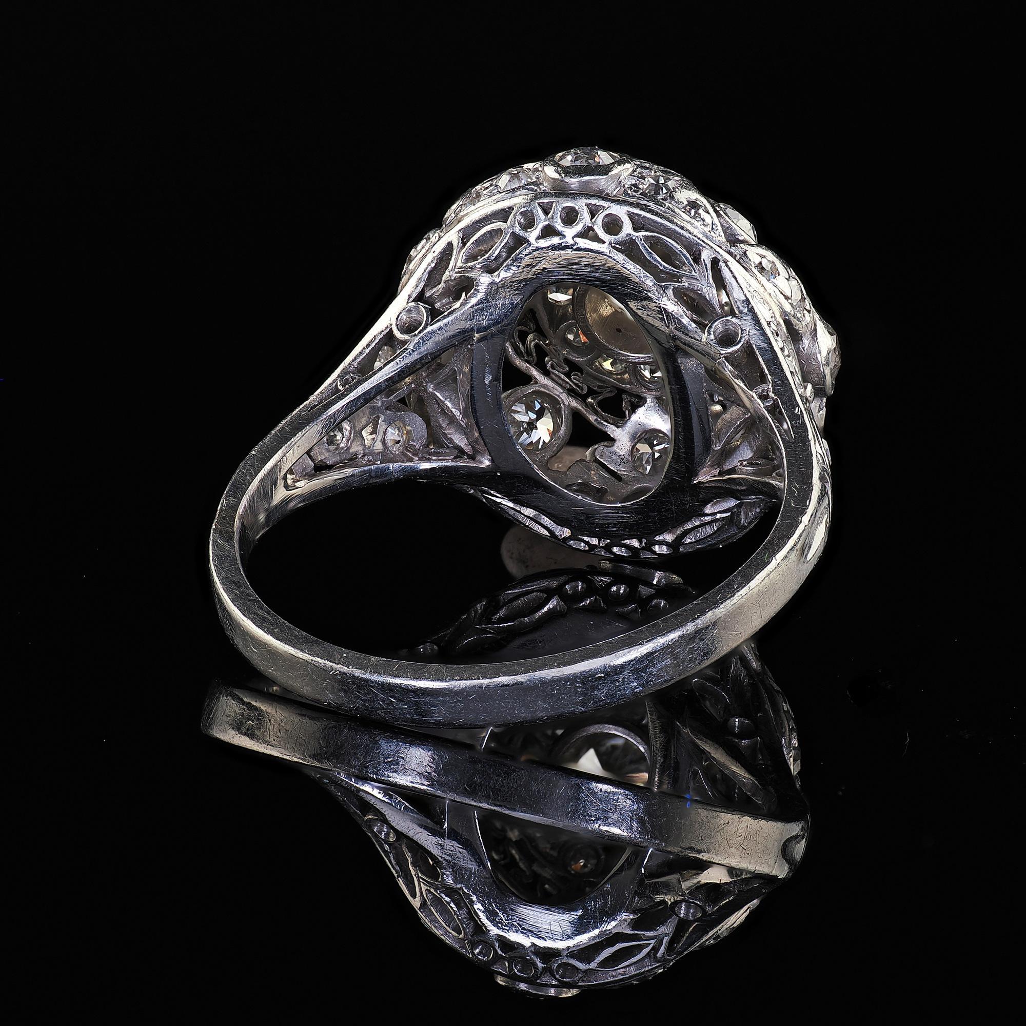 Antique Edwardian Platinum Old Cut Diamond Filigree Dome Cocktail Ring For Sale 3
