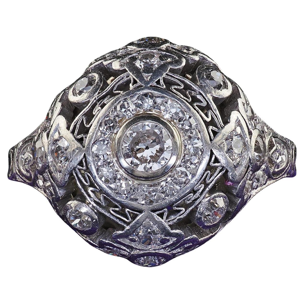 Antique Edwardian Platinum Old Cut Diamond Filigree Dome Cocktail Ring