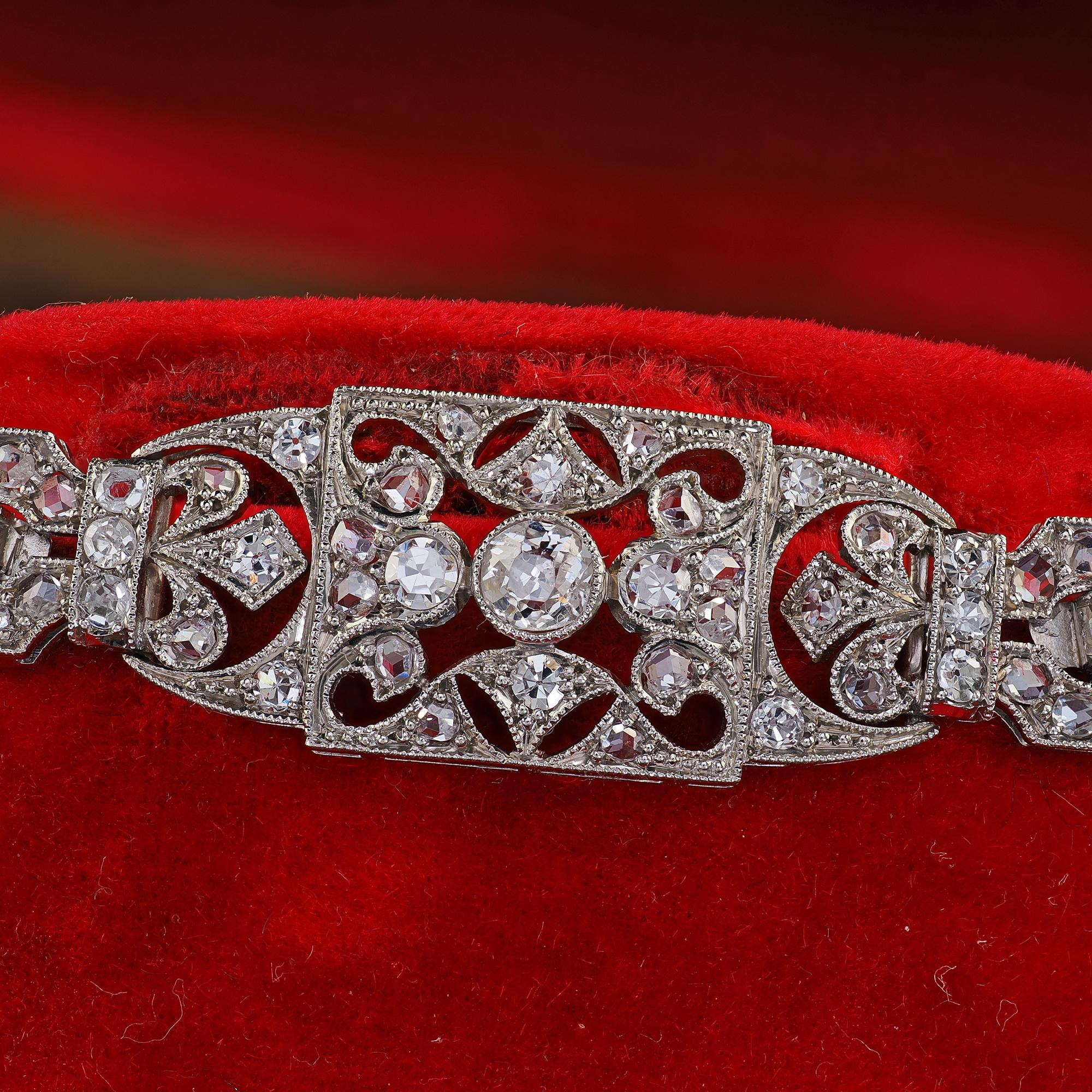 Édouardien Bracelet édouardien ancien à maillons filigranes en platine avec diamants taille ancienne en vente