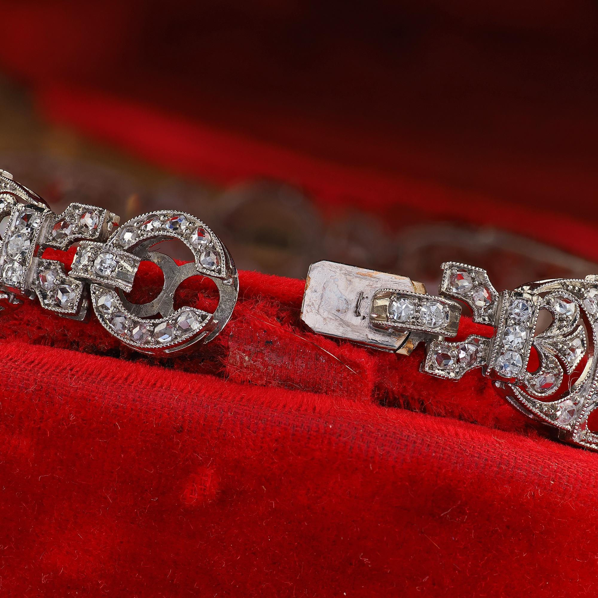 Bracelet édouardien ancien à maillons filigranes en platine avec diamants taille ancienne Pour femmes en vente