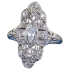 Antique Edwardian Platinum Old Cut Diamond Filigree Shield Cocktail Ring - GIA