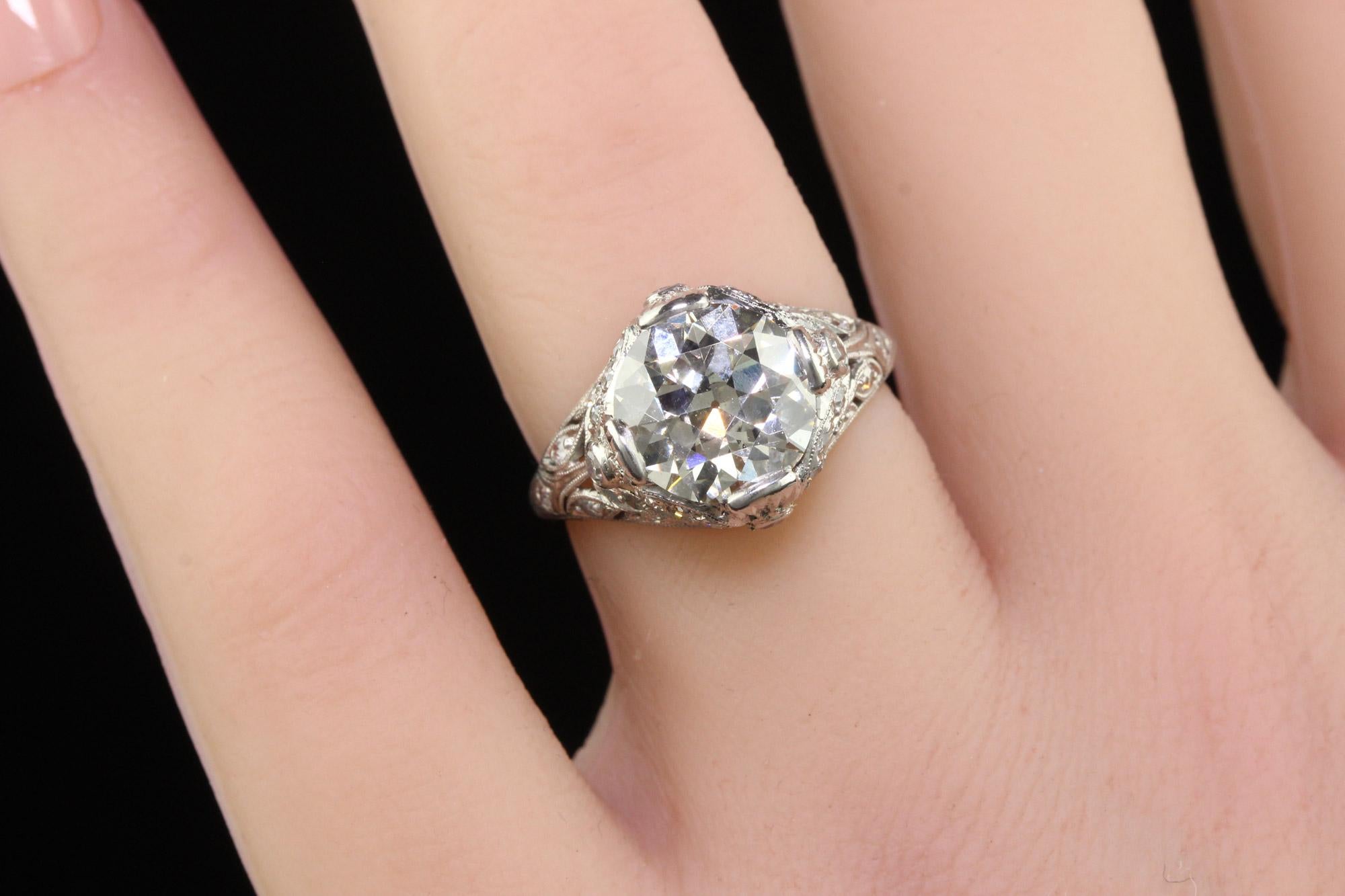 Antique Edwardian Platinum Old Cut Diamond Floral Engagement Ring - GIA For Sale 4