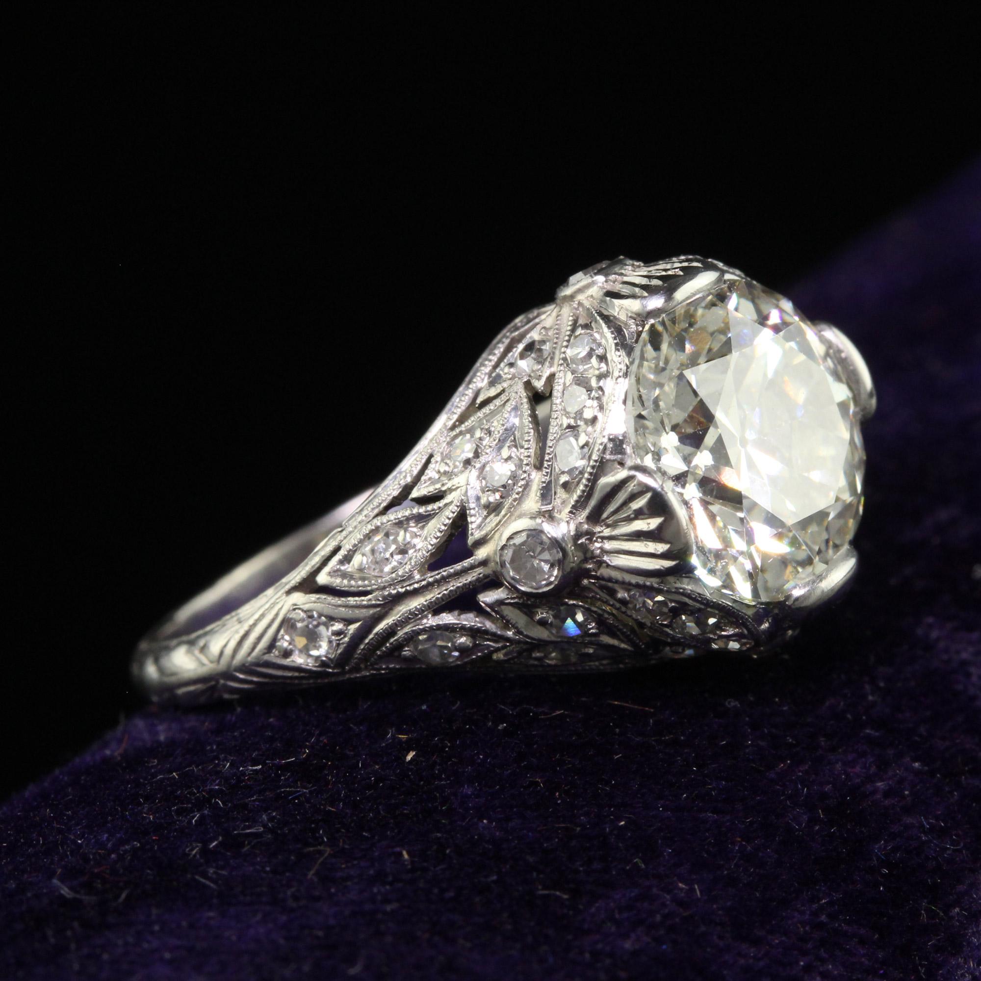 Single Cut Antique Edwardian Platinum Old Cut Diamond Floral Engagement Ring - GIA For Sale