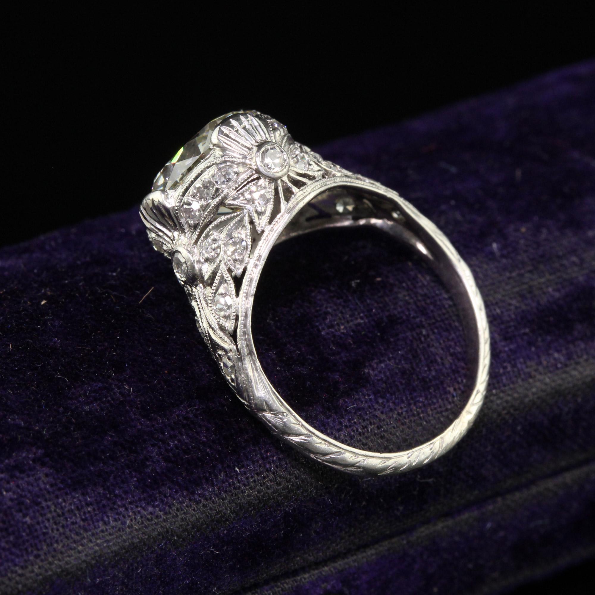 Women's Antique Edwardian Platinum Old Cut Diamond Floral Engagement Ring - GIA For Sale