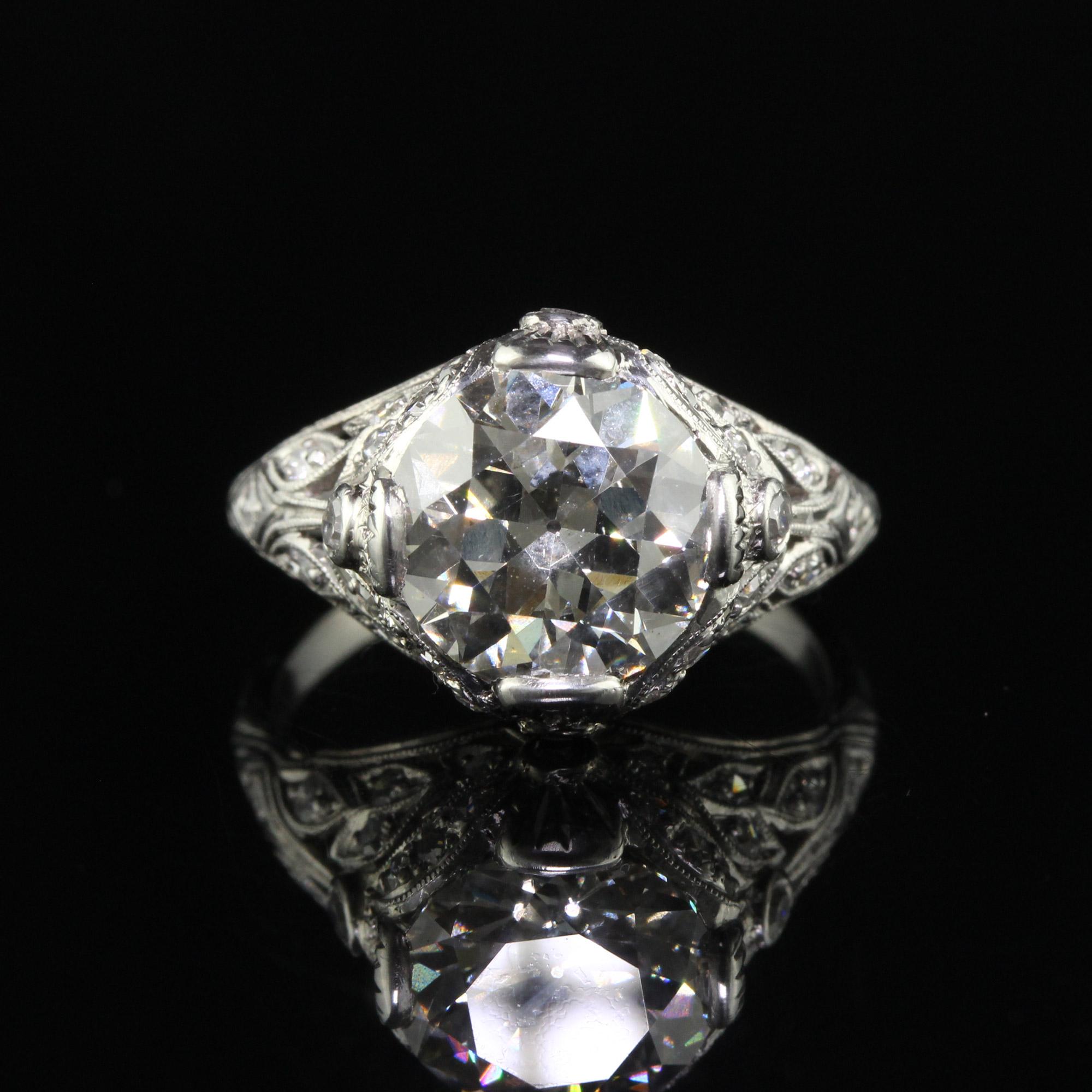 Antique Edwardian Platinum Old Cut Diamond Floral Engagement Ring - GIA For Sale 1