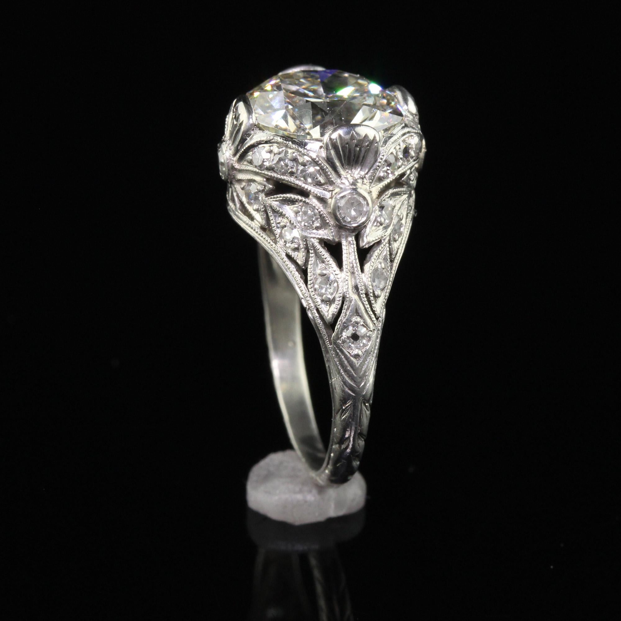 Antique Edwardian Platinum Old Cut Diamond Floral Engagement Ring - GIA For Sale 3