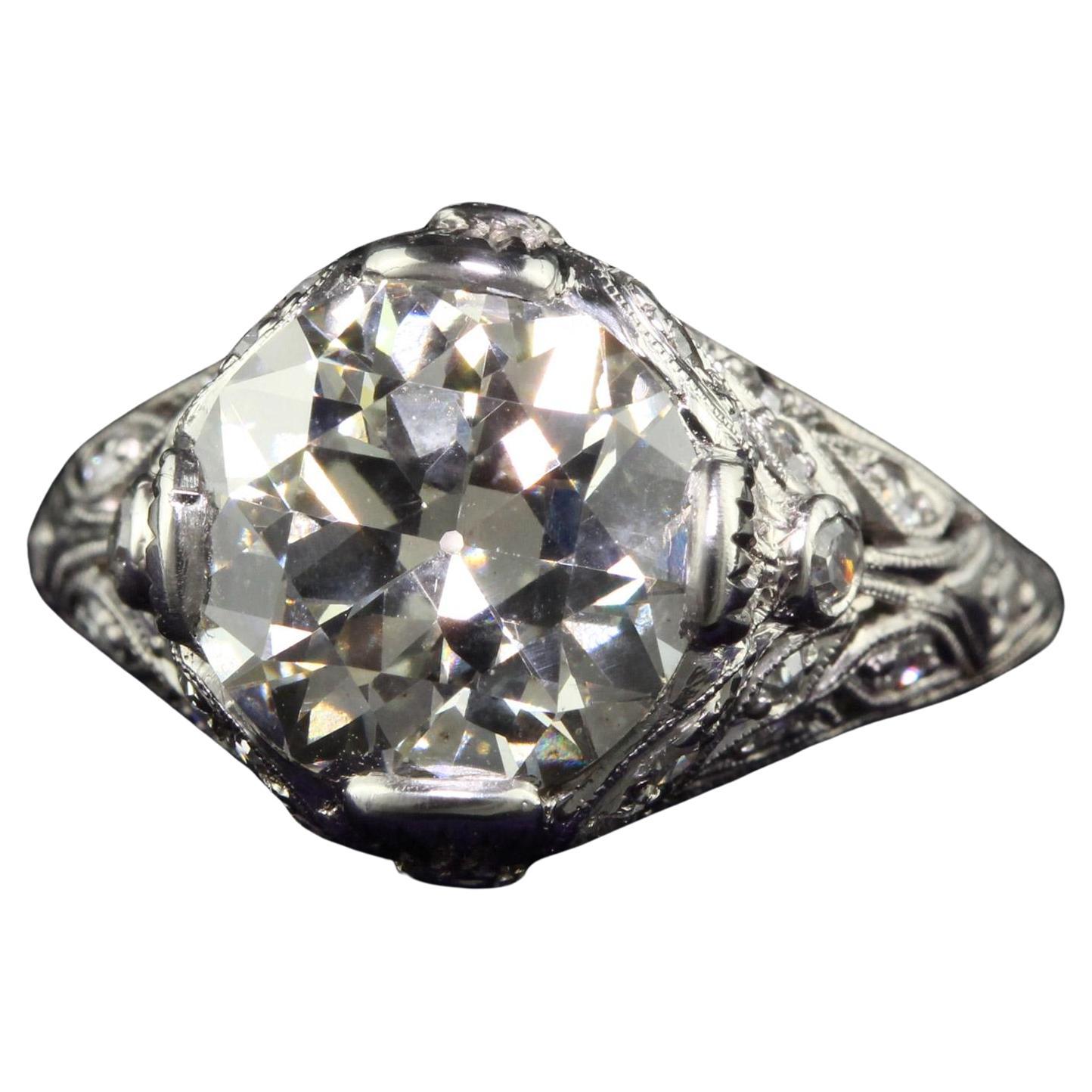 Antique Edwardian Platinum Old Cut Diamond Floral Engagement Ring - GIA