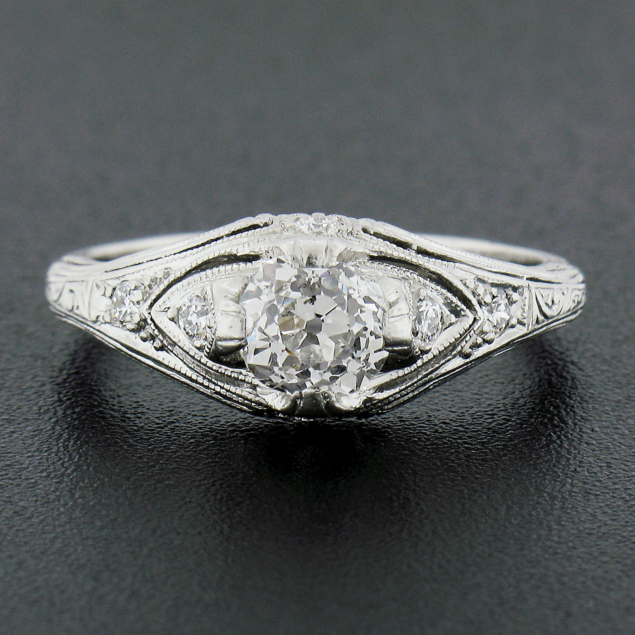 Old European Cut Antique Edwardian Platinum Old Cut Diamond Milgrain Engraved Engagement Ring For Sale