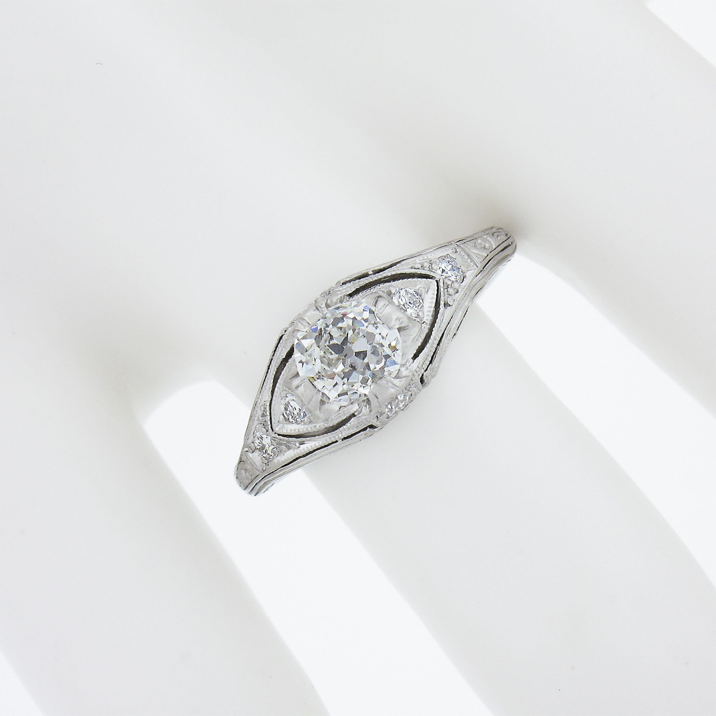 Antique Edwardian Platinum Old Cut Diamond Milgrain Engraved Engagement Ring In Excellent Condition For Sale In Montclair, NJ