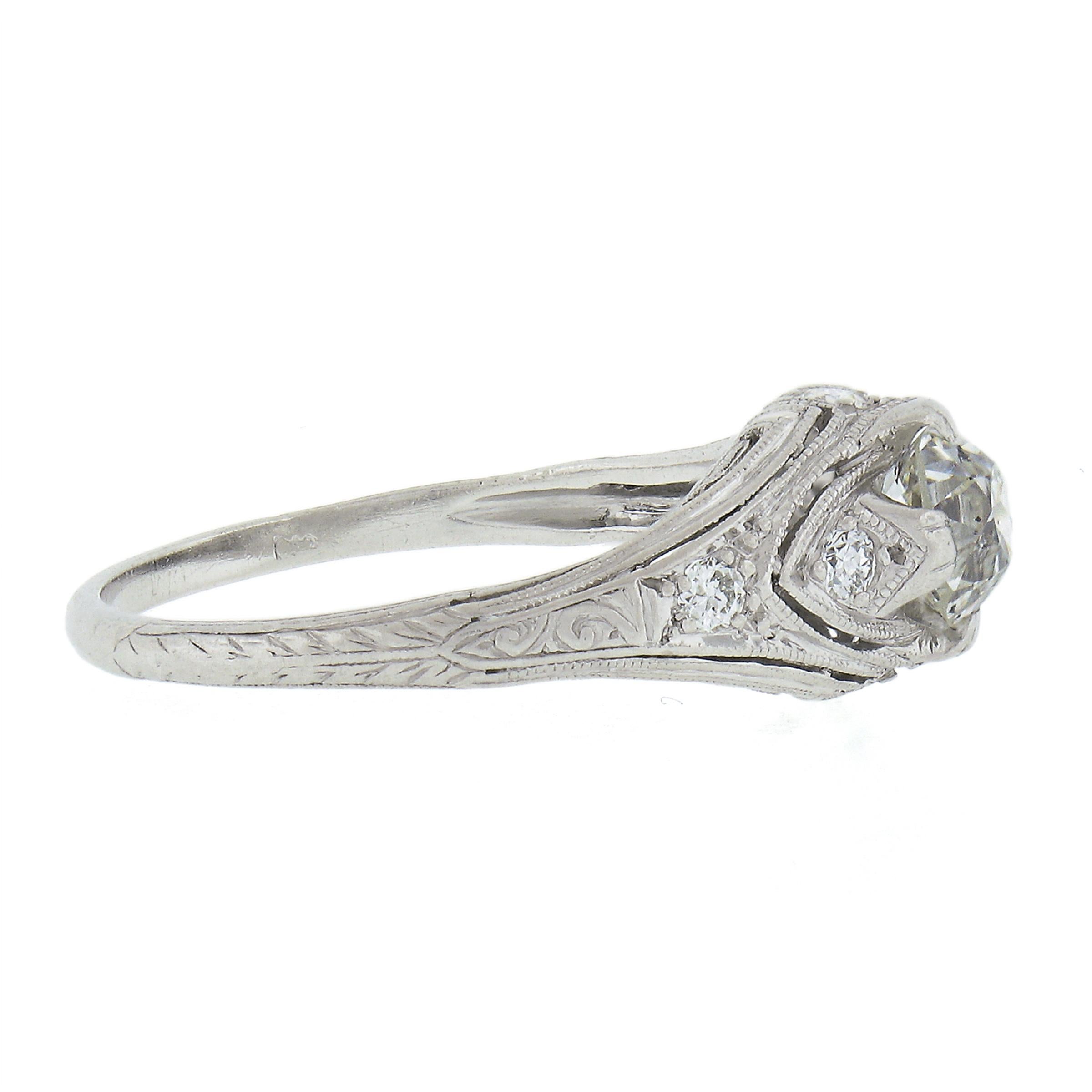 Women's Antique Edwardian Platinum Old Cut Diamond Milgrain Engraved Engagement Ring For Sale