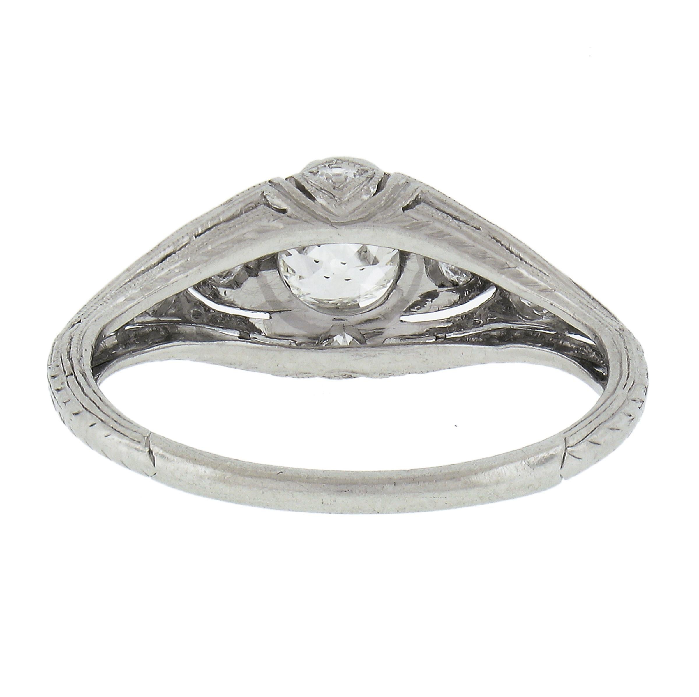 Antique Edwardian Platinum Old Cut Diamond Milgrain Engraved Engagement Ring For Sale 1