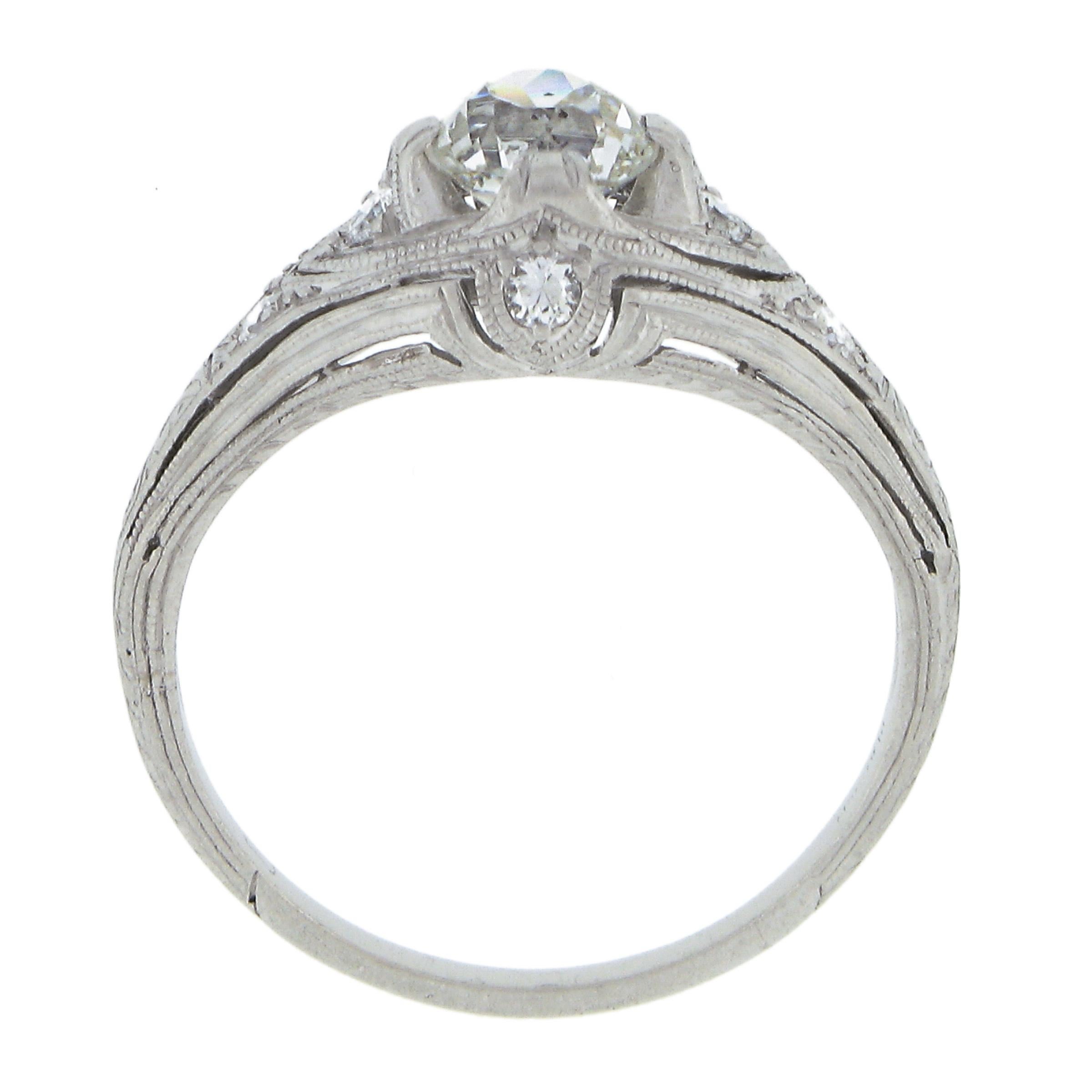 Antique Edwardian Platinum Old Cut Diamond Milgrain Engraved Engagement Ring For Sale 2