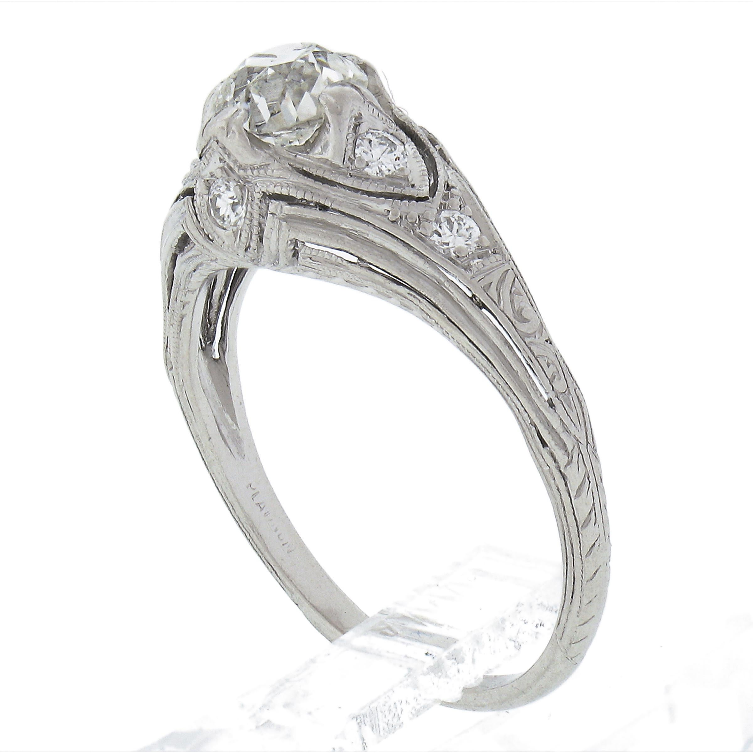 Antique Edwardian Platinum Old Cut Diamond Milgrain Engraved Engagement Ring For Sale 3