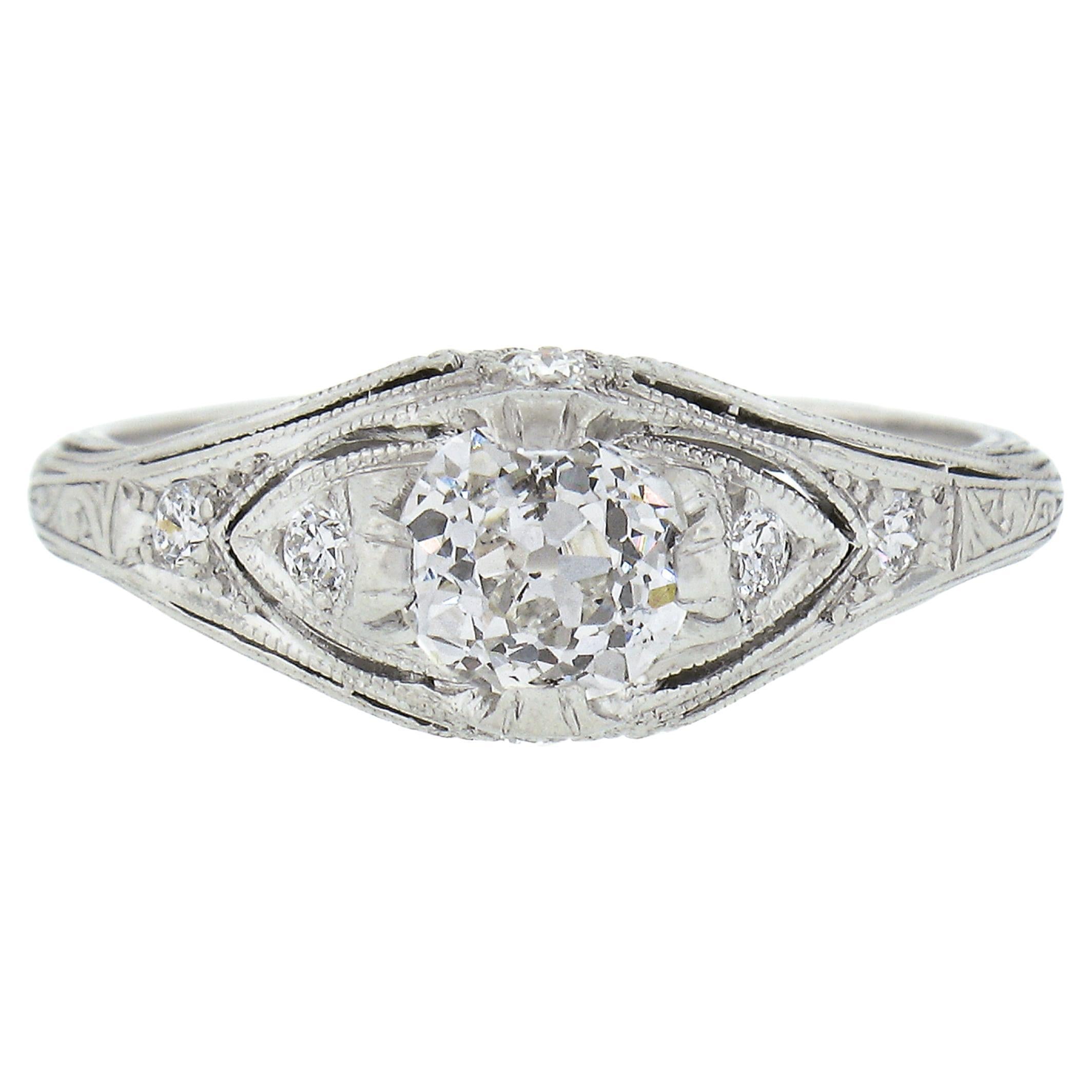 Antique Edwardian Platinum Old Cut Diamond Milgrain Engraved Engagement Ring For Sale