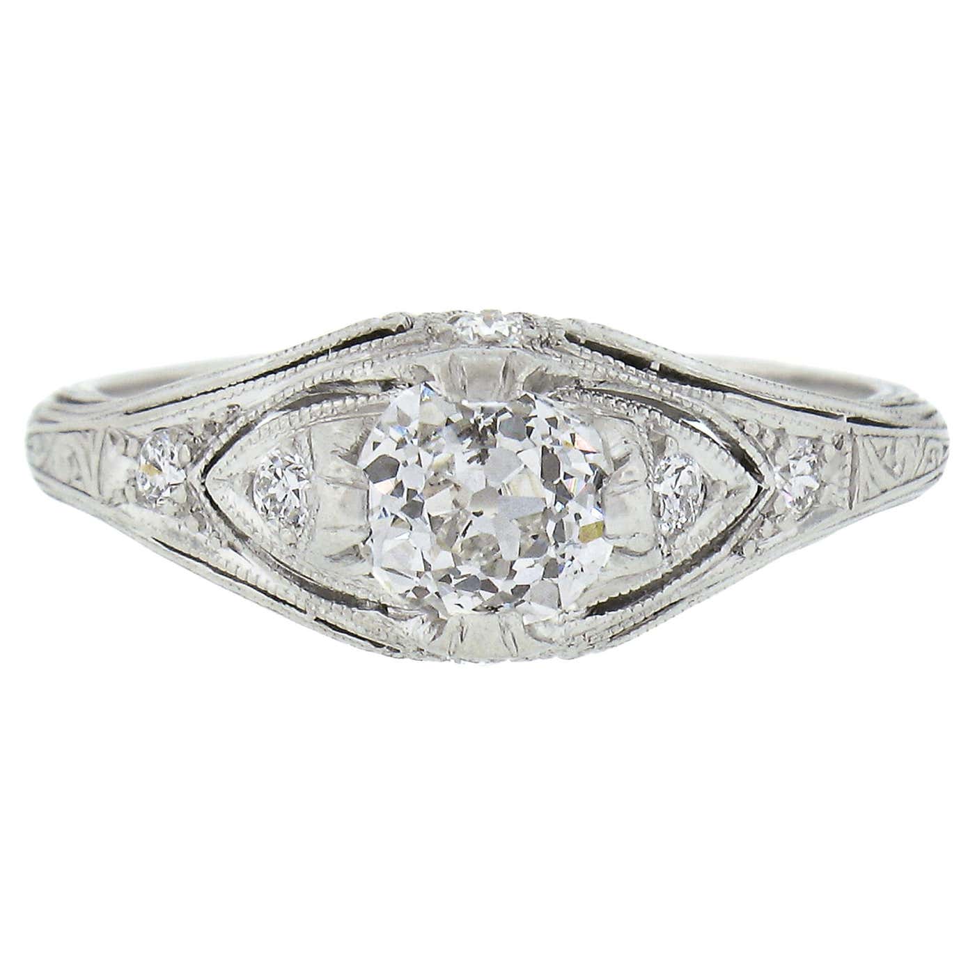 Antique Edwardian Platinum Old Cut Diamond Milgrain Engraved Engagement ...