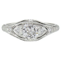 Antique Edwardian Platinum Old Cut Diamond Milgrain Engraved Engagement Ring