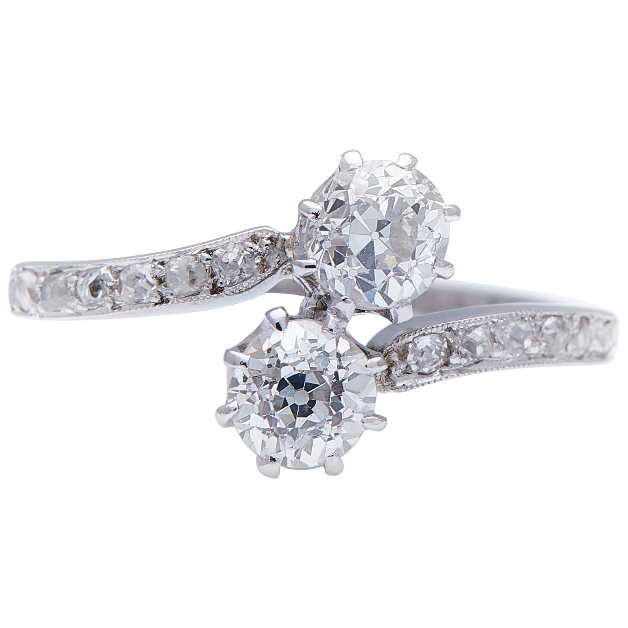 Antique Edwardian, Platinum, Old-Cut Diamond 'Toi et Moi' Engagement Ring For Sale