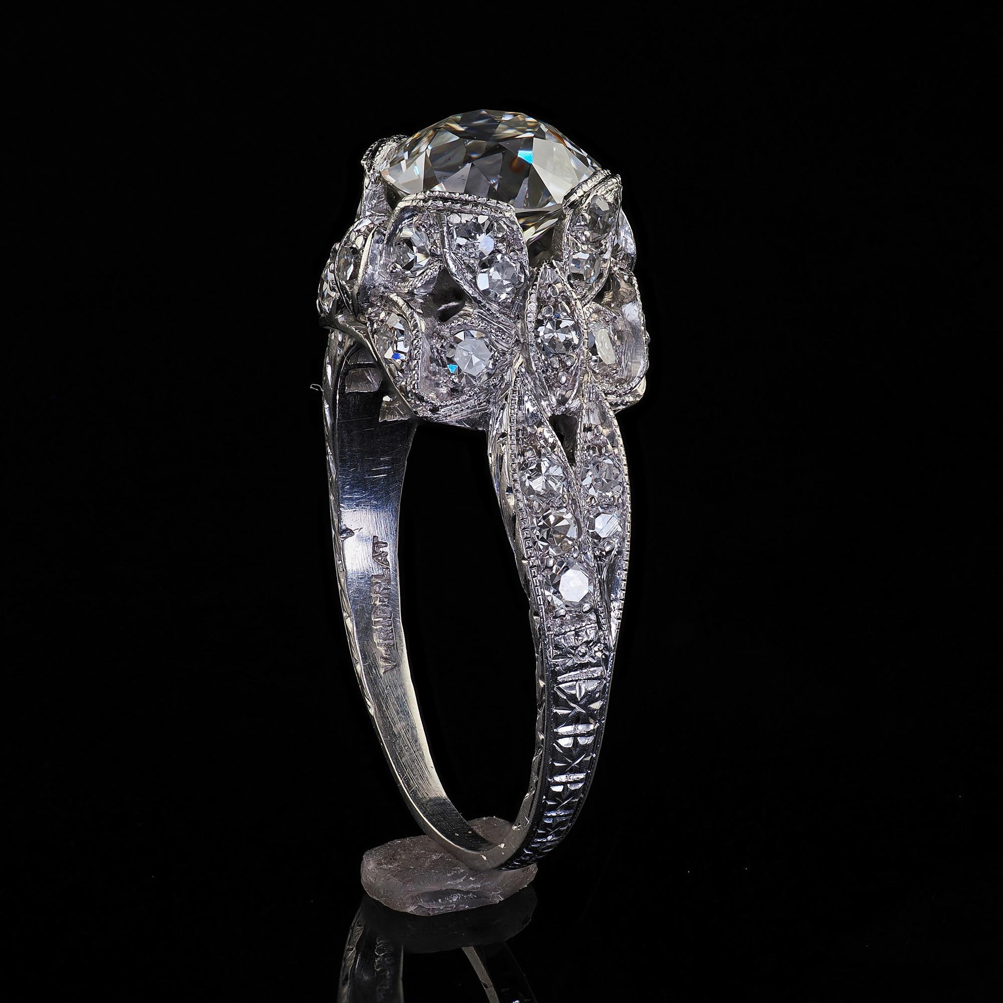 Antique Edwardian Platinum Old Euro Cut Butterfly Motif Engagement Ring - GIA For Sale 5