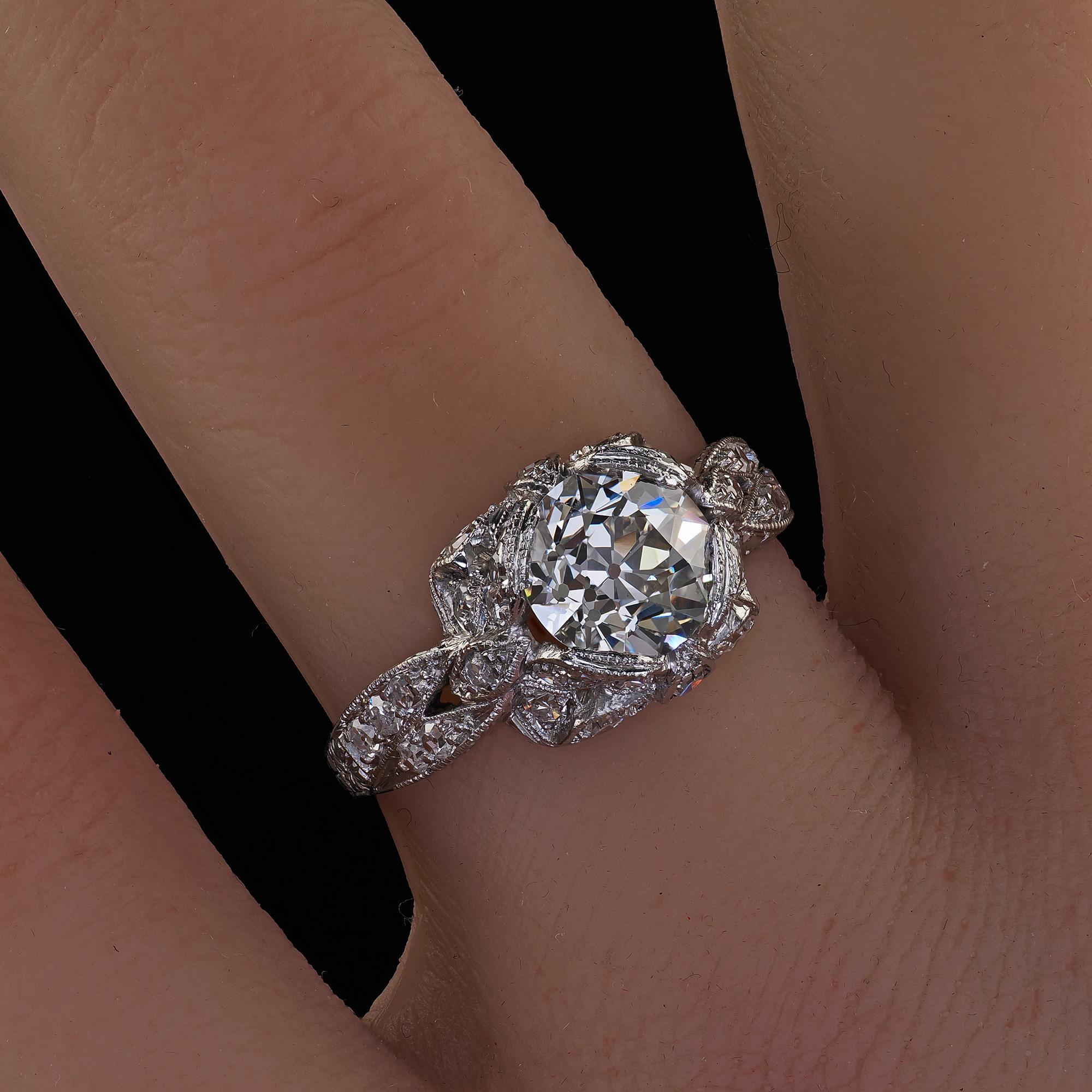 Antique Edwardian Platinum Old Euro Cut Butterfly Motif Engagement Ring - GIA For Sale 6