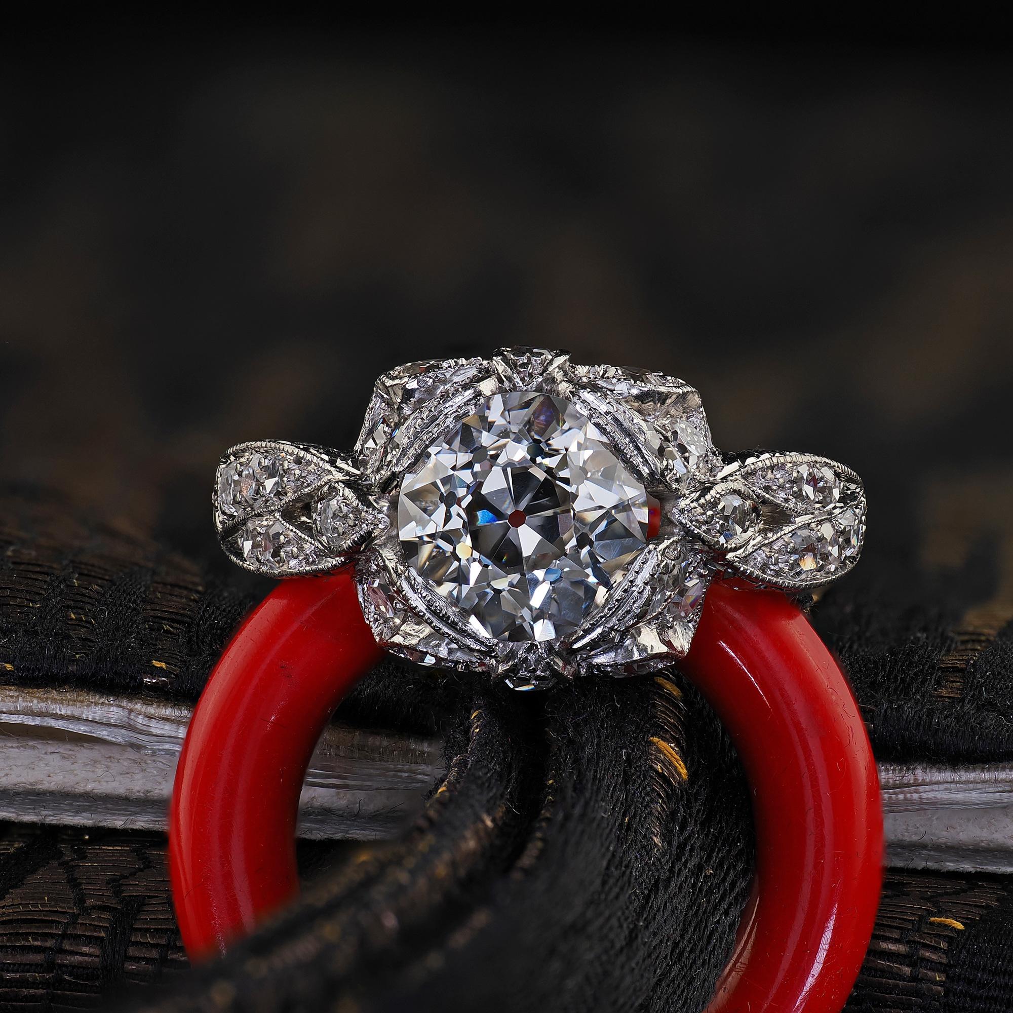 Beautiful Antique Edwardian Platinum Old Euro Cut Butterfly Motif Engagement Ring - GIA. This incredible Edwardian old European diamond butterfly motif engagement ring is crafted in platinum. This gorgeous ring features an old European cut diamond