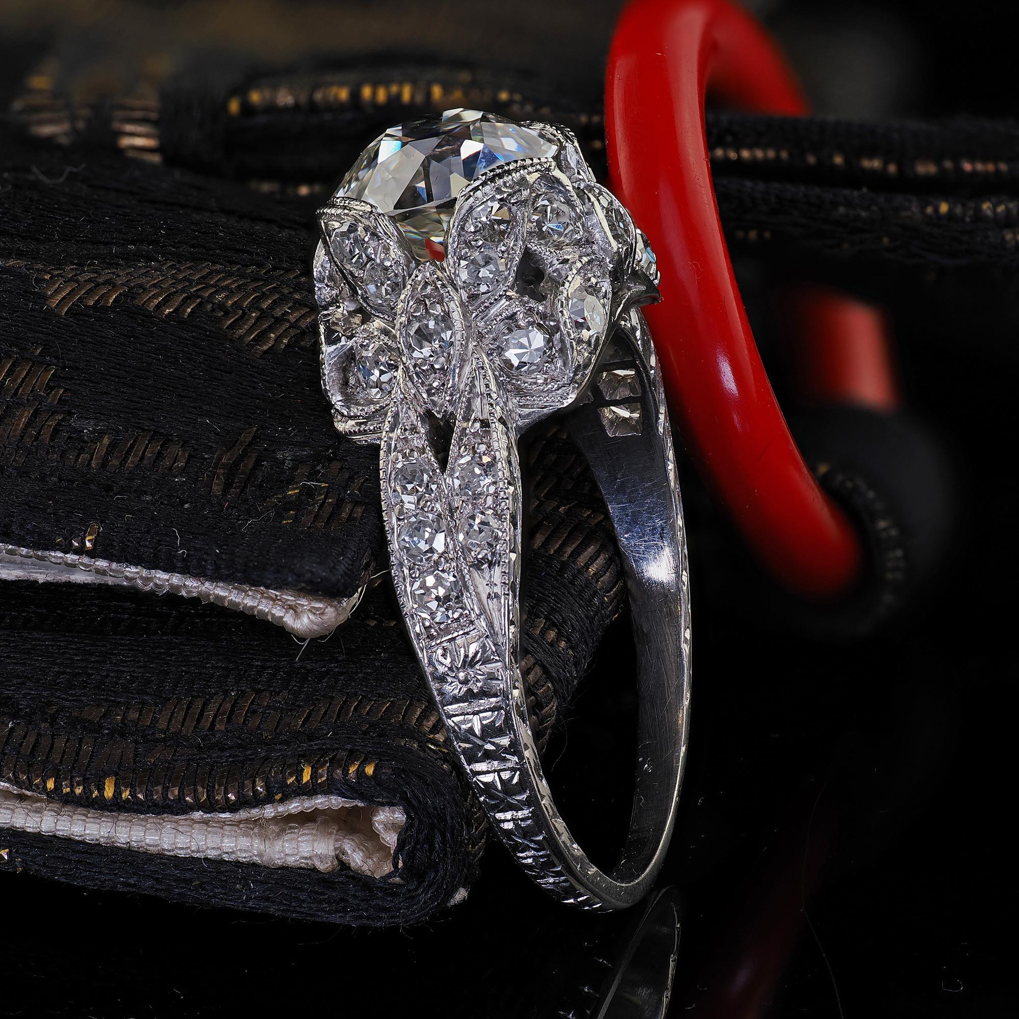 Antique Edwardian Platinum Old Euro Cut Butterfly Motif Engagement Ring - GIA In Good Condition For Sale In Great Neck, NY