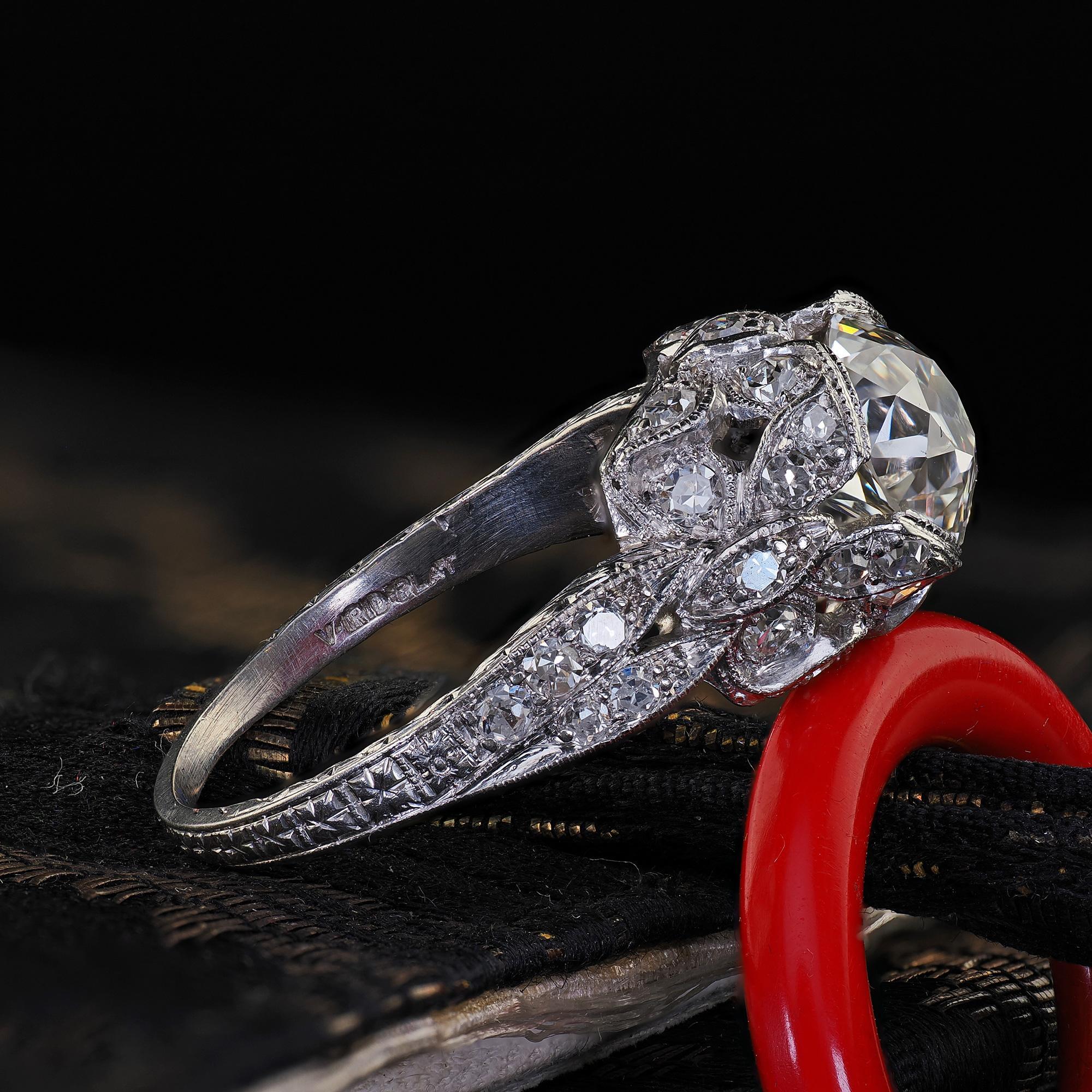 Women's Antique Edwardian Platinum Old Euro Cut Butterfly Motif Engagement Ring - GIA For Sale