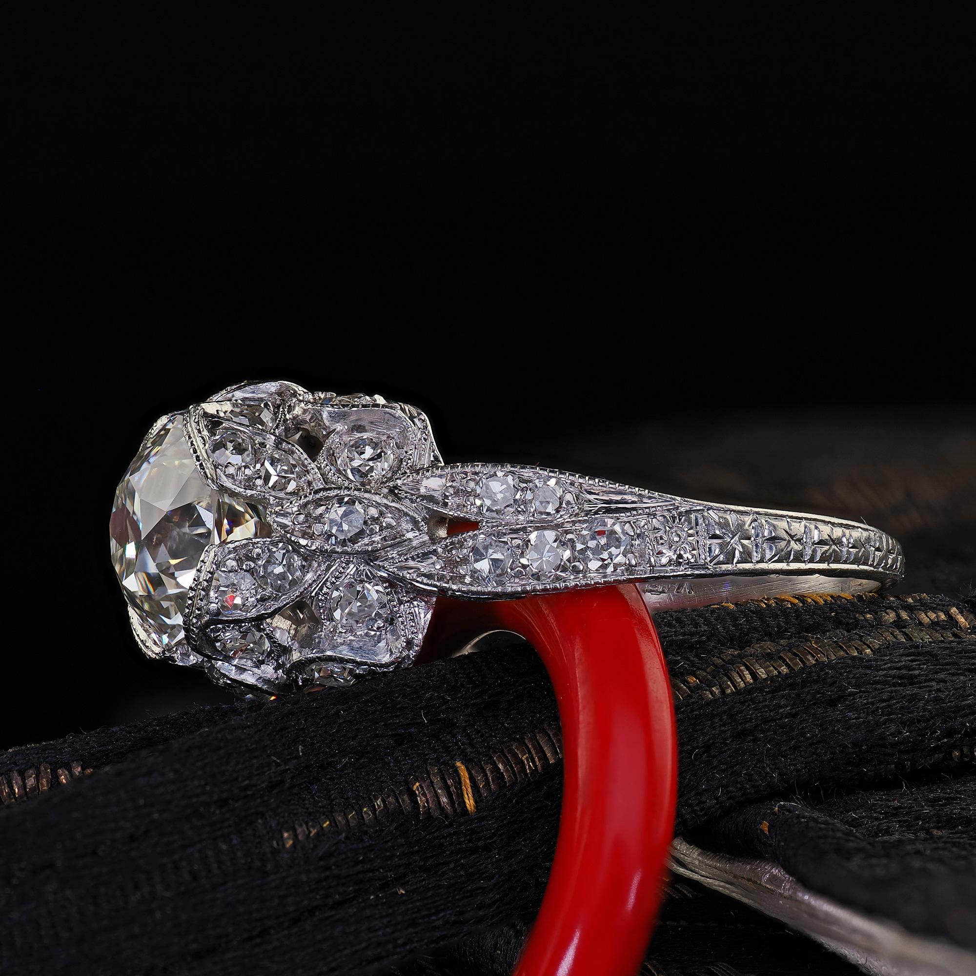 Antique Edwardian Platinum Old Euro Cut Butterfly Motif Engagement Ring - GIA For Sale 1