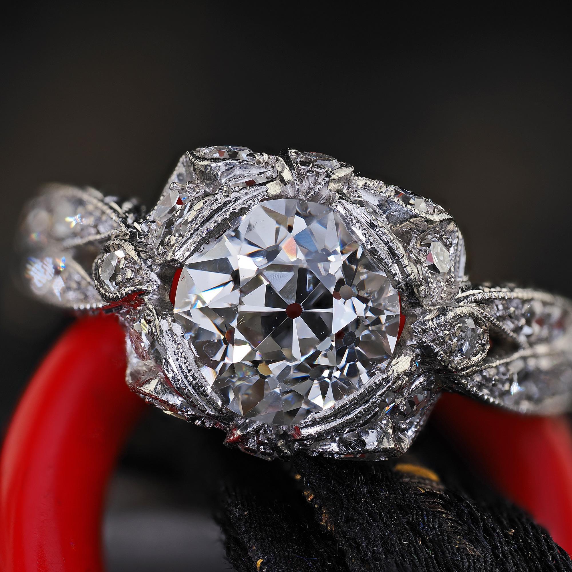 Antique Edwardian Platinum Old Euro Cut Butterfly Motif Engagement Ring - GIA For Sale 2