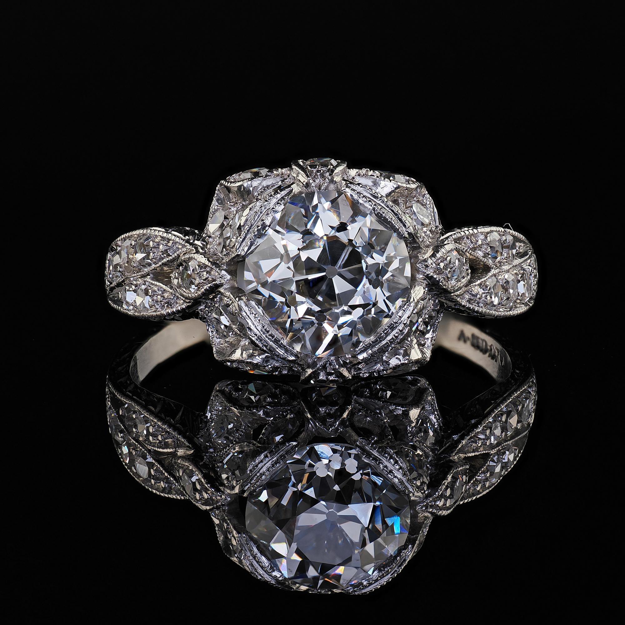 Antique Edwardian Platinum Old Euro Cut Butterfly Motif Engagement Ring - GIA For Sale 3