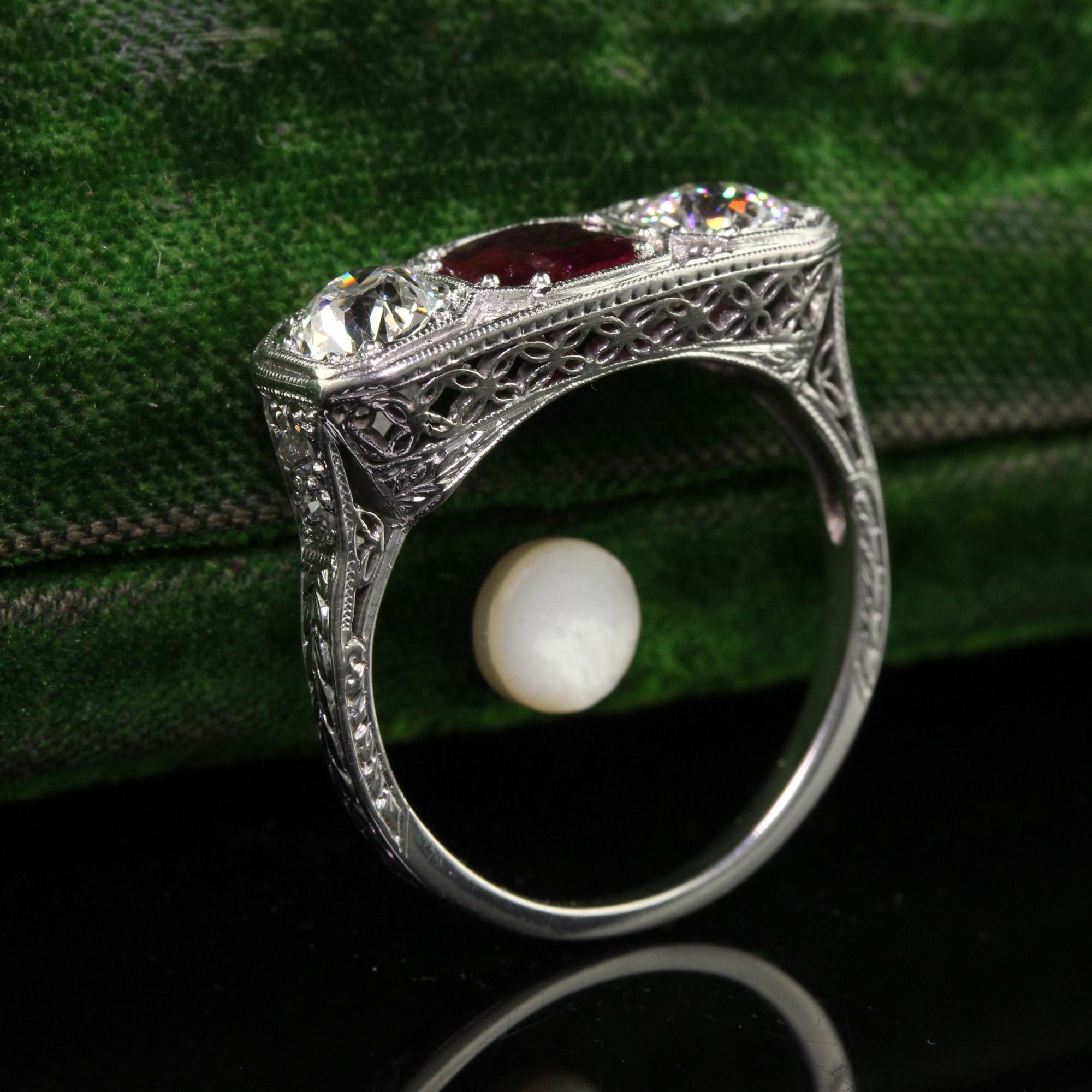 Old European Cut Antique Edwardian Platinum Old Euro Diamond and No Heat Ruby Three Stone Ring For Sale