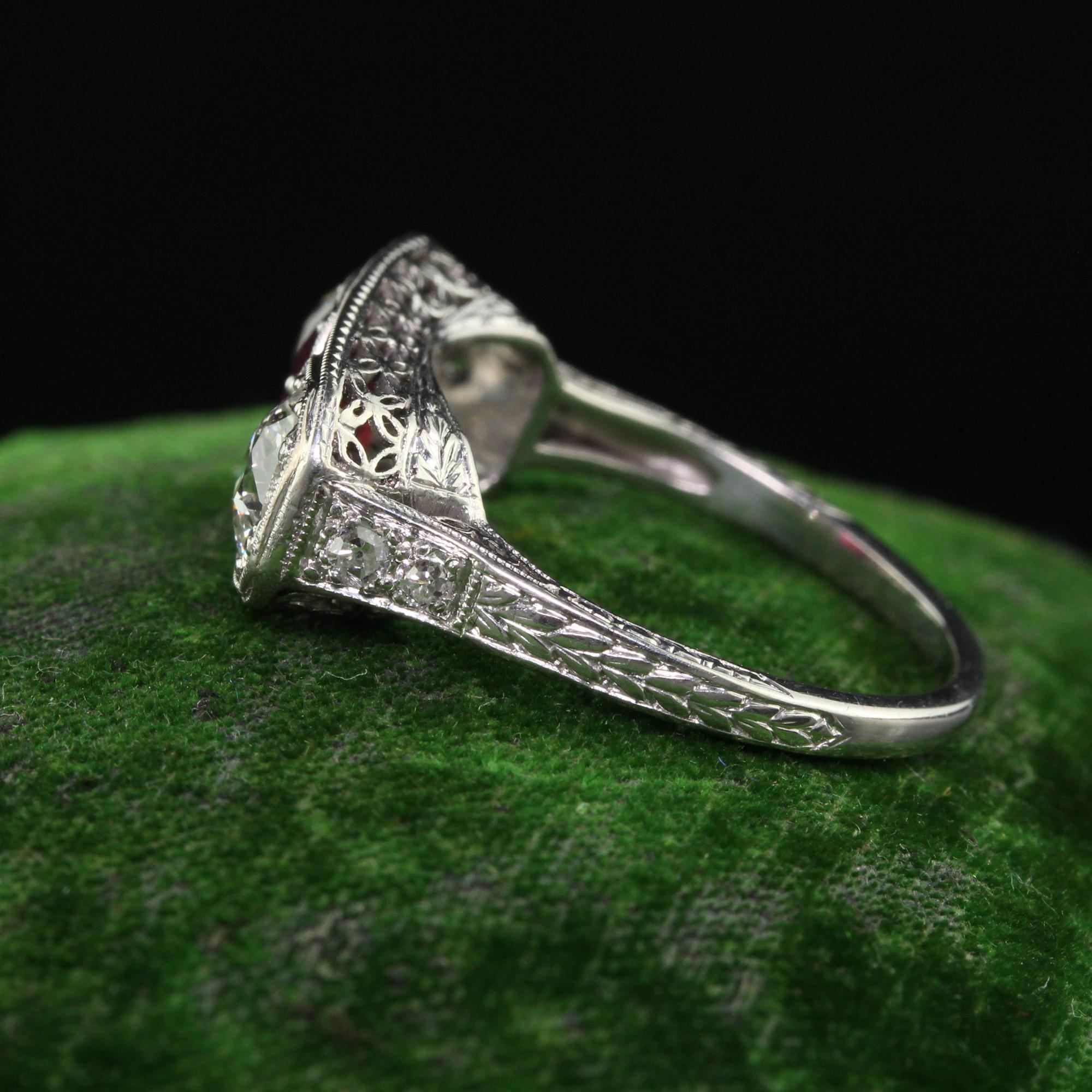 Women's Antique Edwardian Platinum Old Euro Diamond and No Heat Ruby Three Stone Ring For Sale