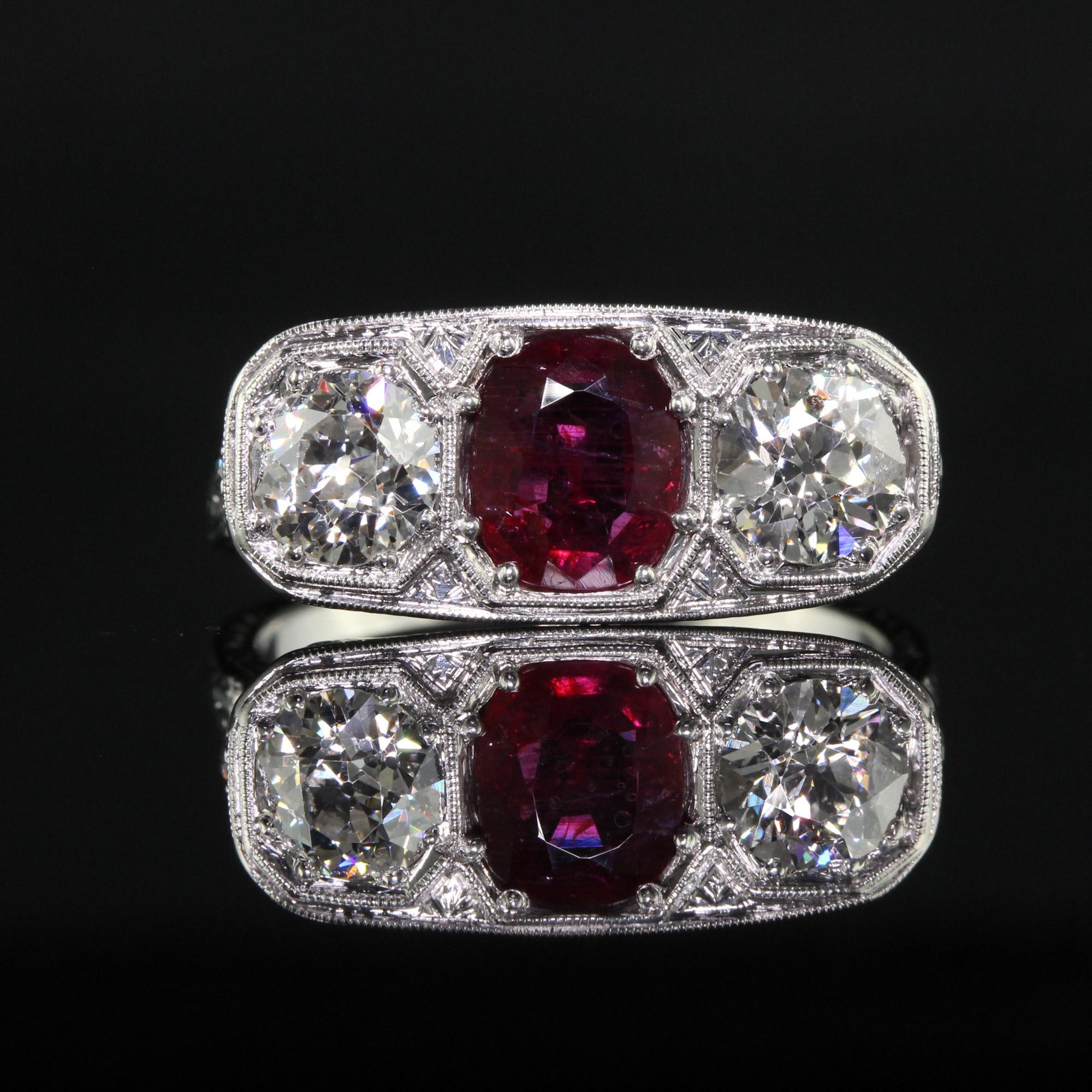 Antique Edwardian Platinum Old Euro Diamond and No Heat Ruby Three Stone Ring For Sale 1