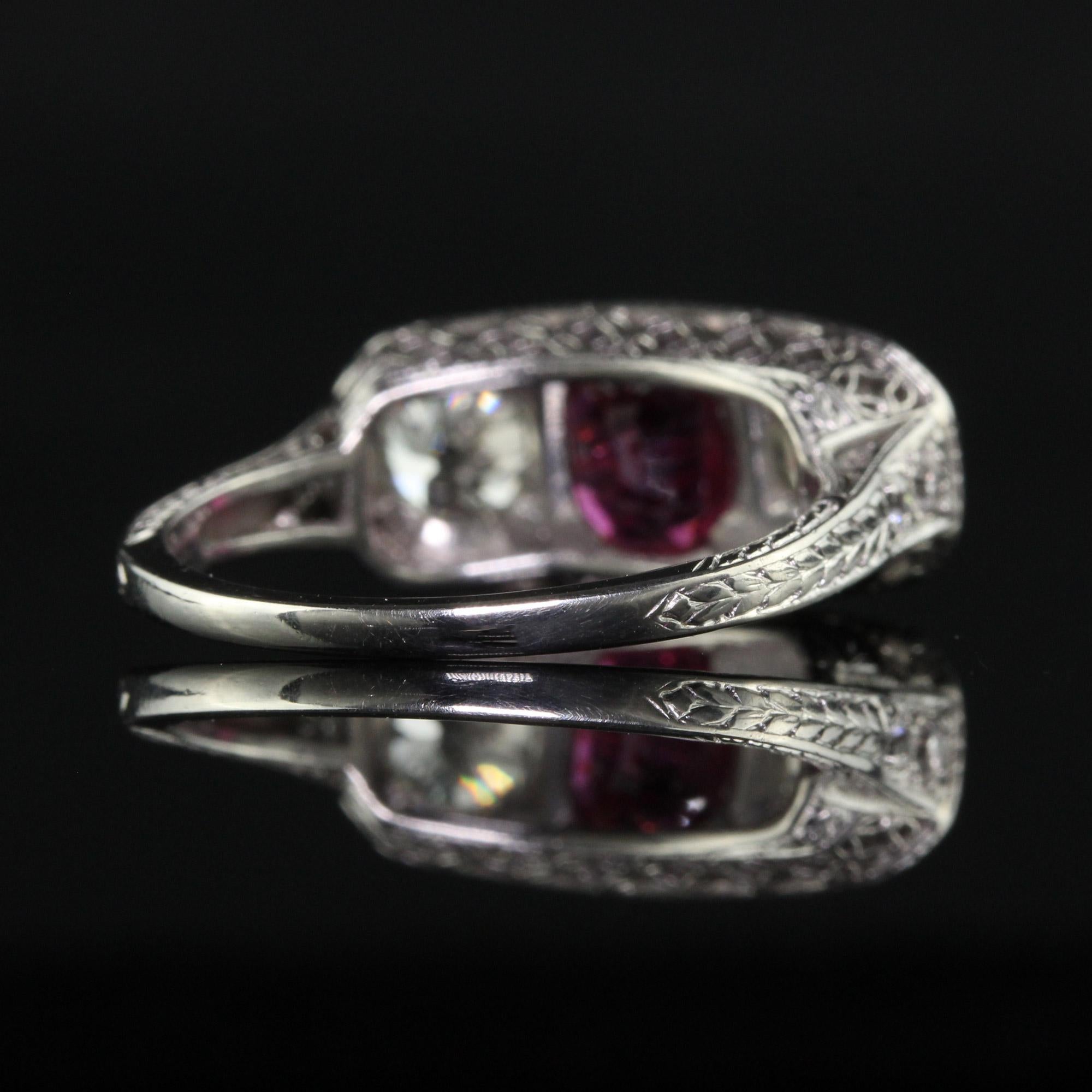 Antique Edwardian Platinum Old Euro Diamond and No Heat Ruby Three Stone Ring For Sale 2