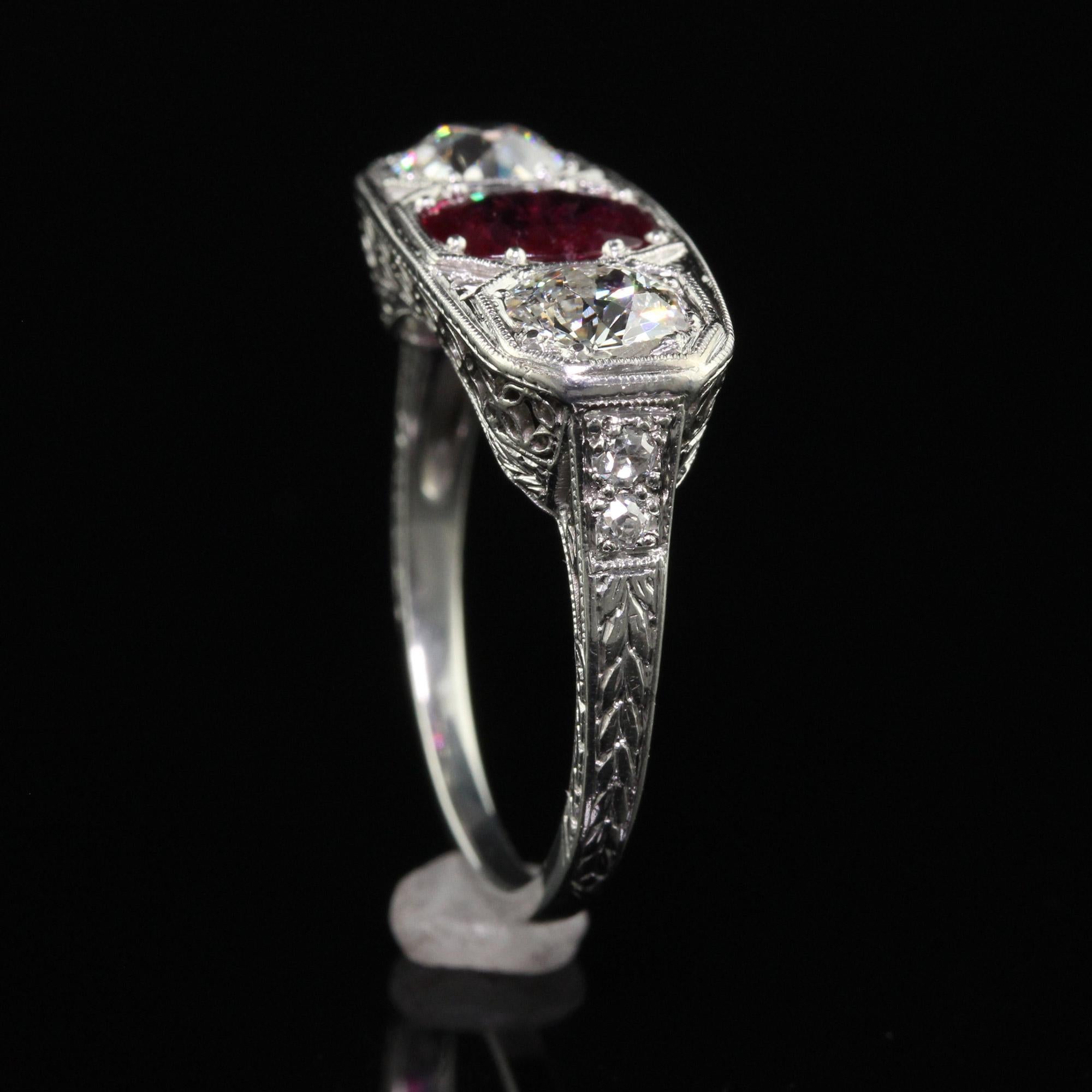 Antique Edwardian Platinum Old Euro Diamond and No Heat Ruby Three Stone Ring For Sale 3