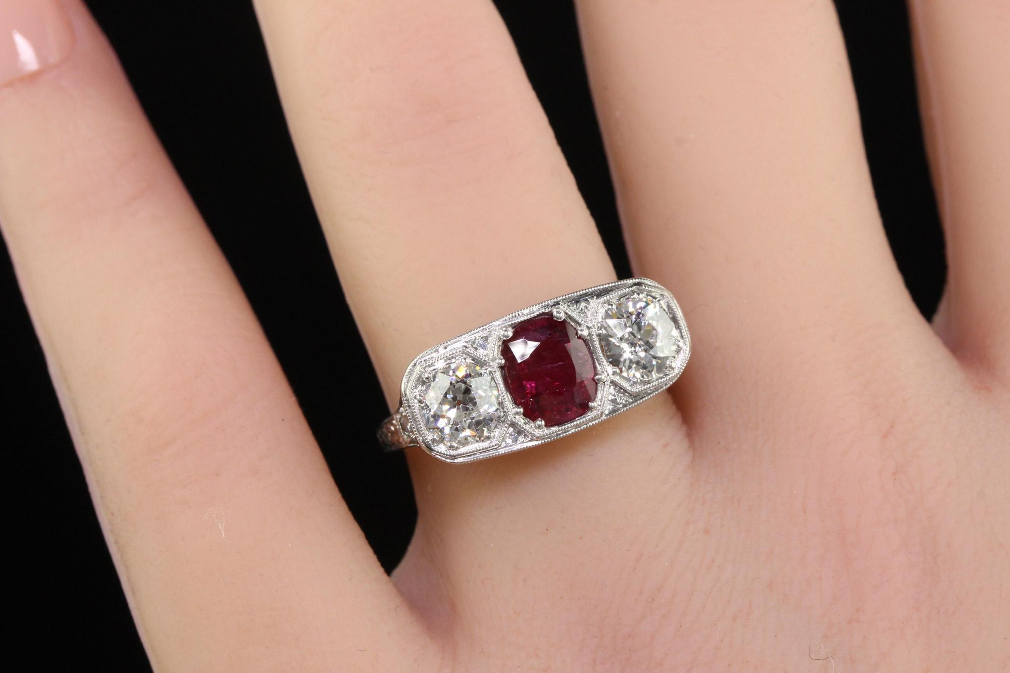Antique Edwardian Platinum Old Euro Diamond and No Heat Ruby Three Stone Ring For Sale 4