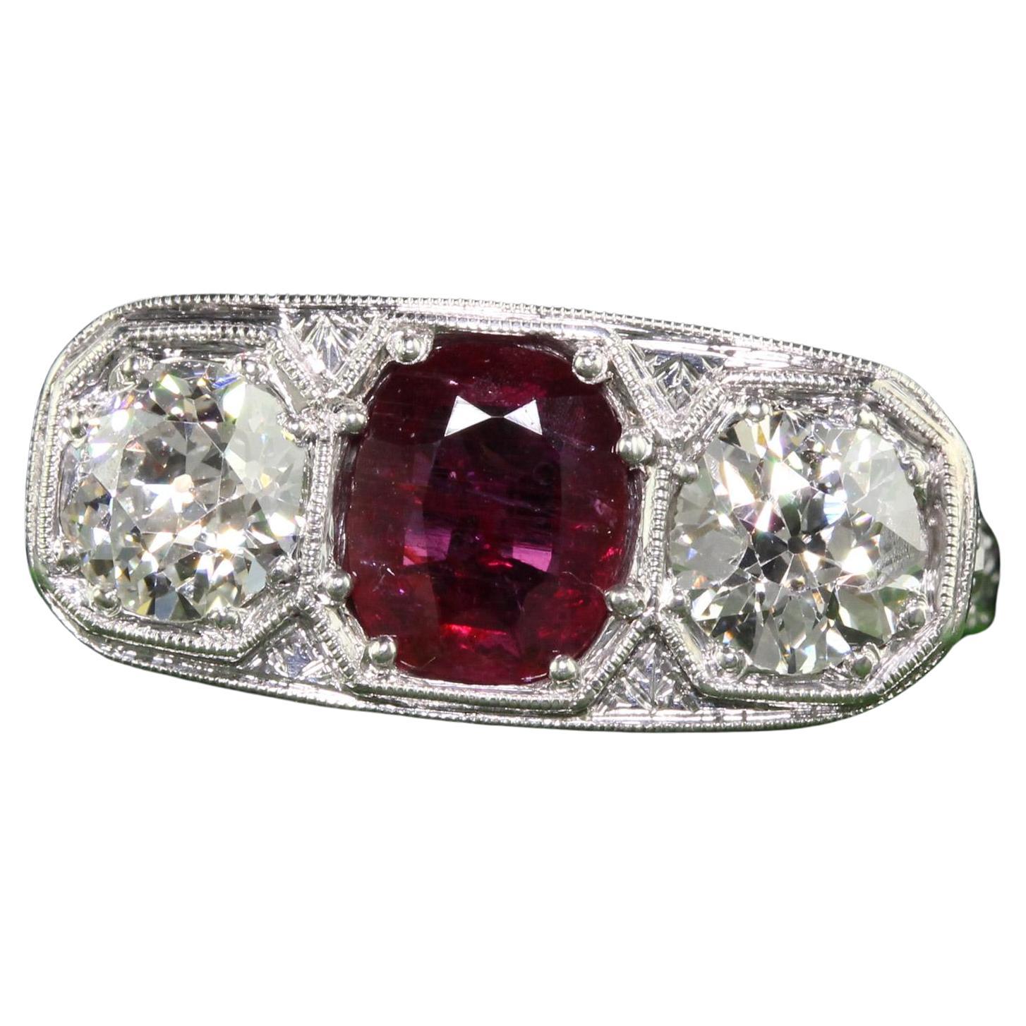 Antique Edwardian Platinum Old Euro Diamond and No Heat Ruby Three Stone Ring For Sale