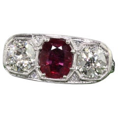 Antique Edwardian Platinum Old Euro Diamond and No Heat Ruby Three Stone Ring