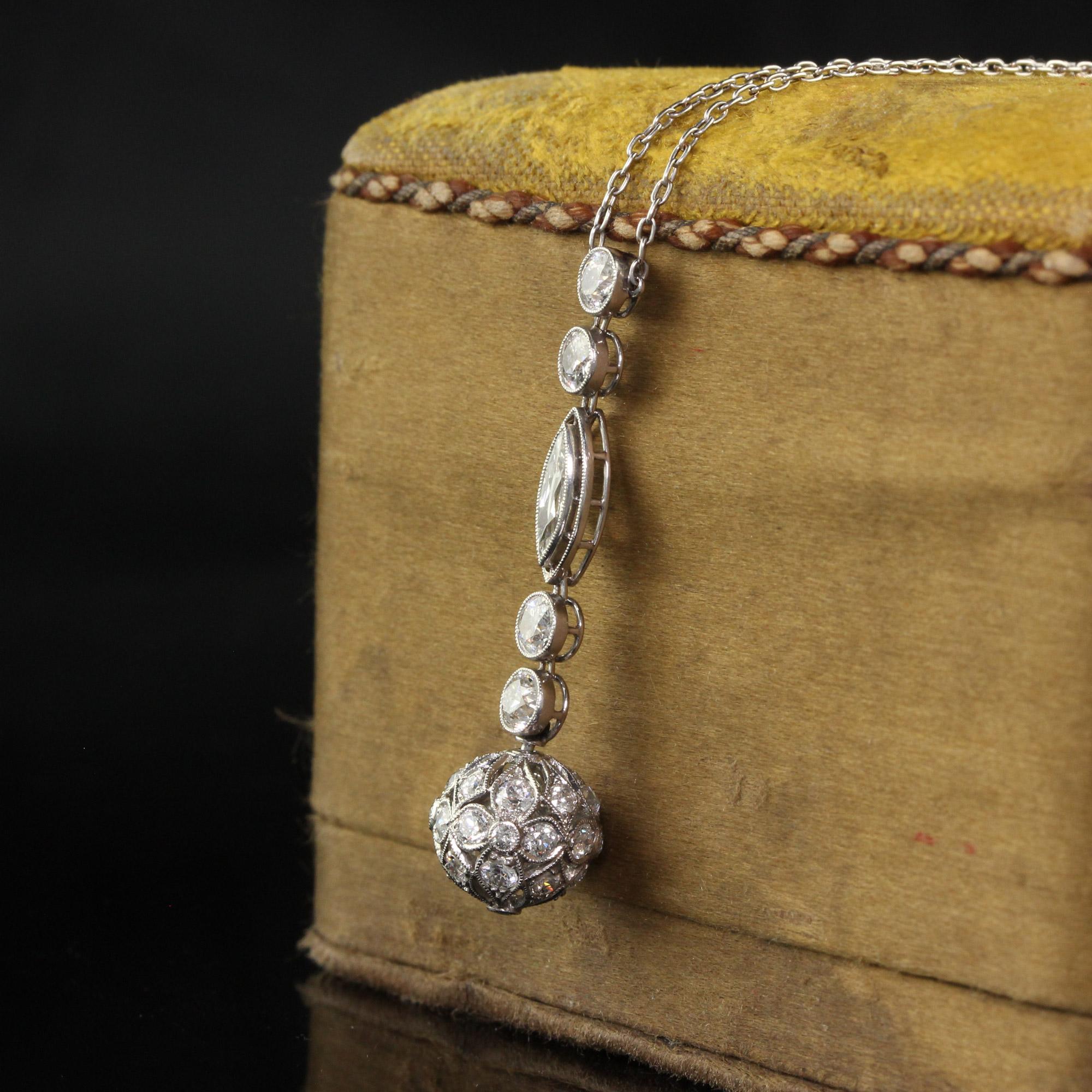 Marquise Cut Antique Edwardian Platinum Old Euro Diamond Drop Pendant Necklace
