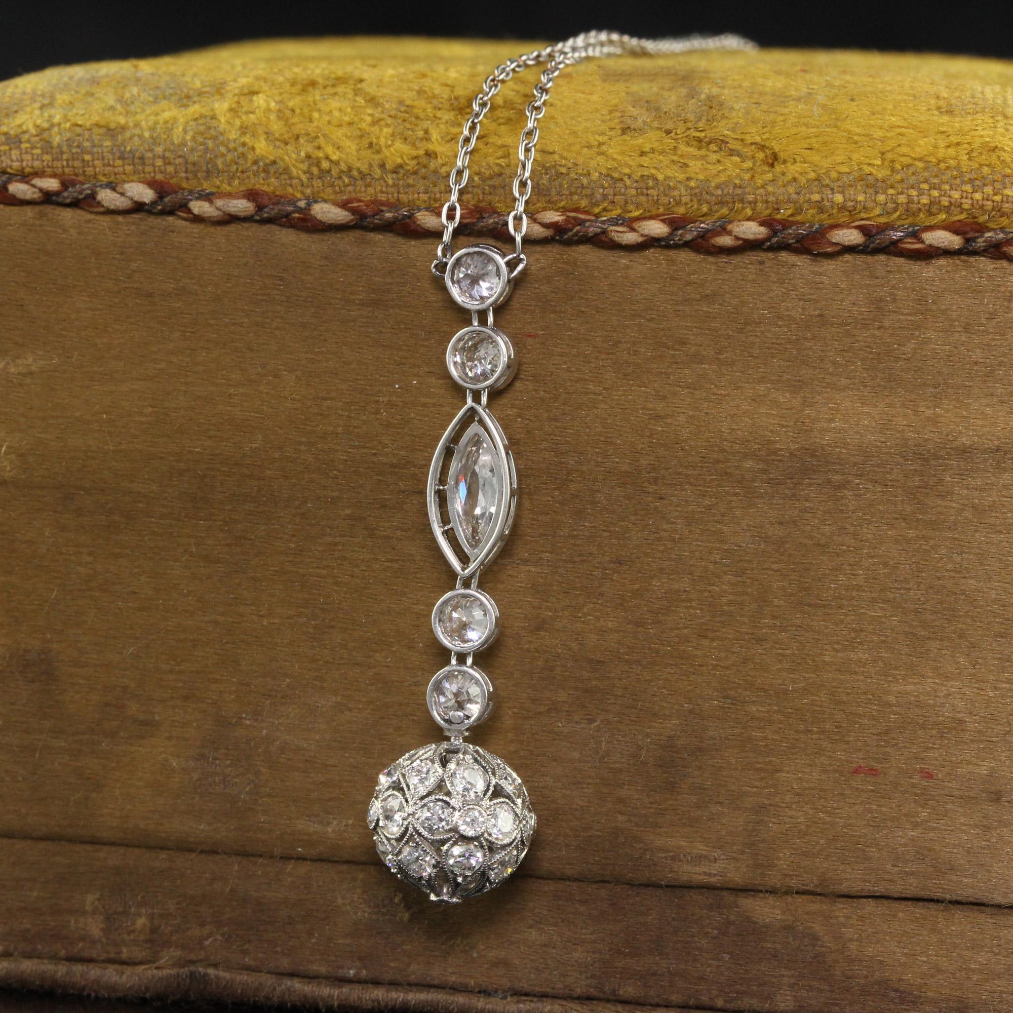 Antique Edwardian Platinum Old Euro Diamond Drop Pendant Necklace In Good Condition In Great Neck, NY