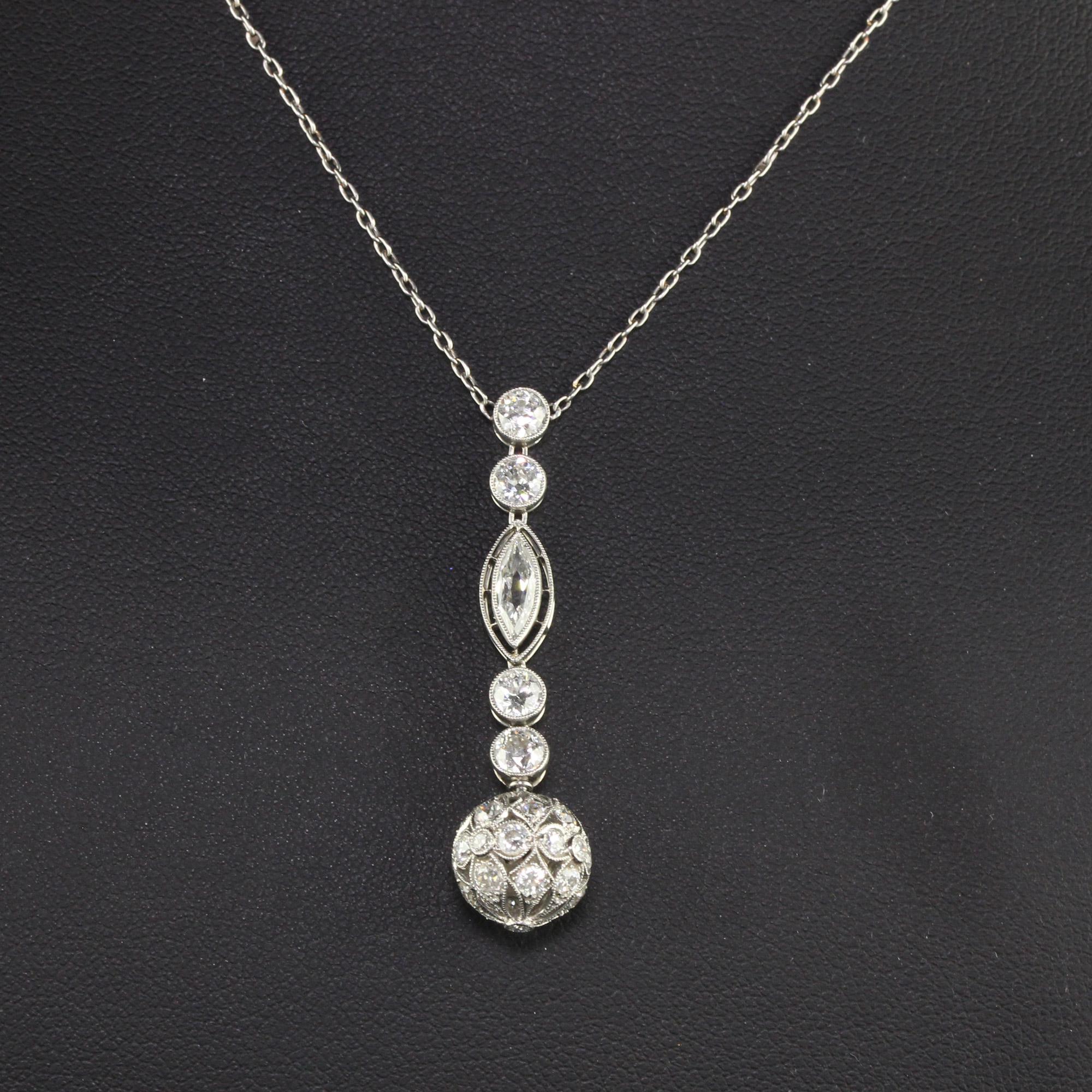 Women's or Men's Antique Edwardian Platinum Old Euro Diamond Drop Pendant Necklace